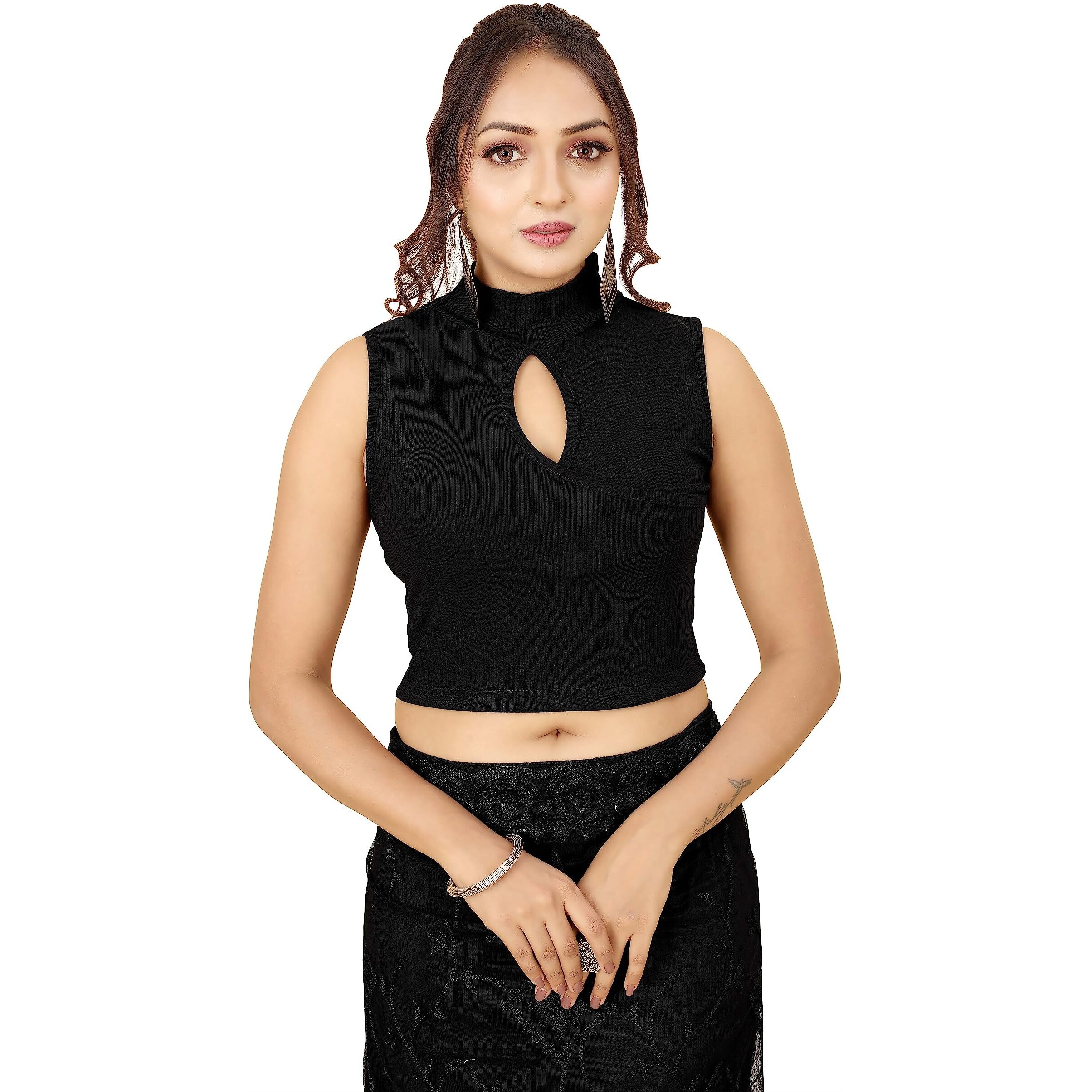 Shasmi Women's & Girls' Solid Ribbed High Neck Stand Collar Sleeveless Slim Fit Cut Out Blouse For Women (Blouse 43 Black L)