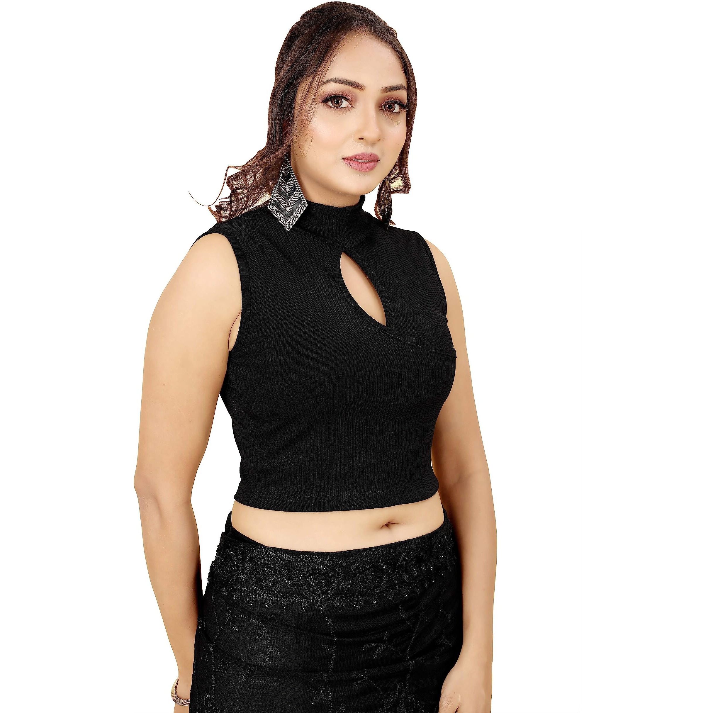 Shasmi Women's & Girls' Solid Ribbed High Neck Stand Collar Sleeveless Slim Fit Cut Out Blouse For Women (Blouse 43 Black L)