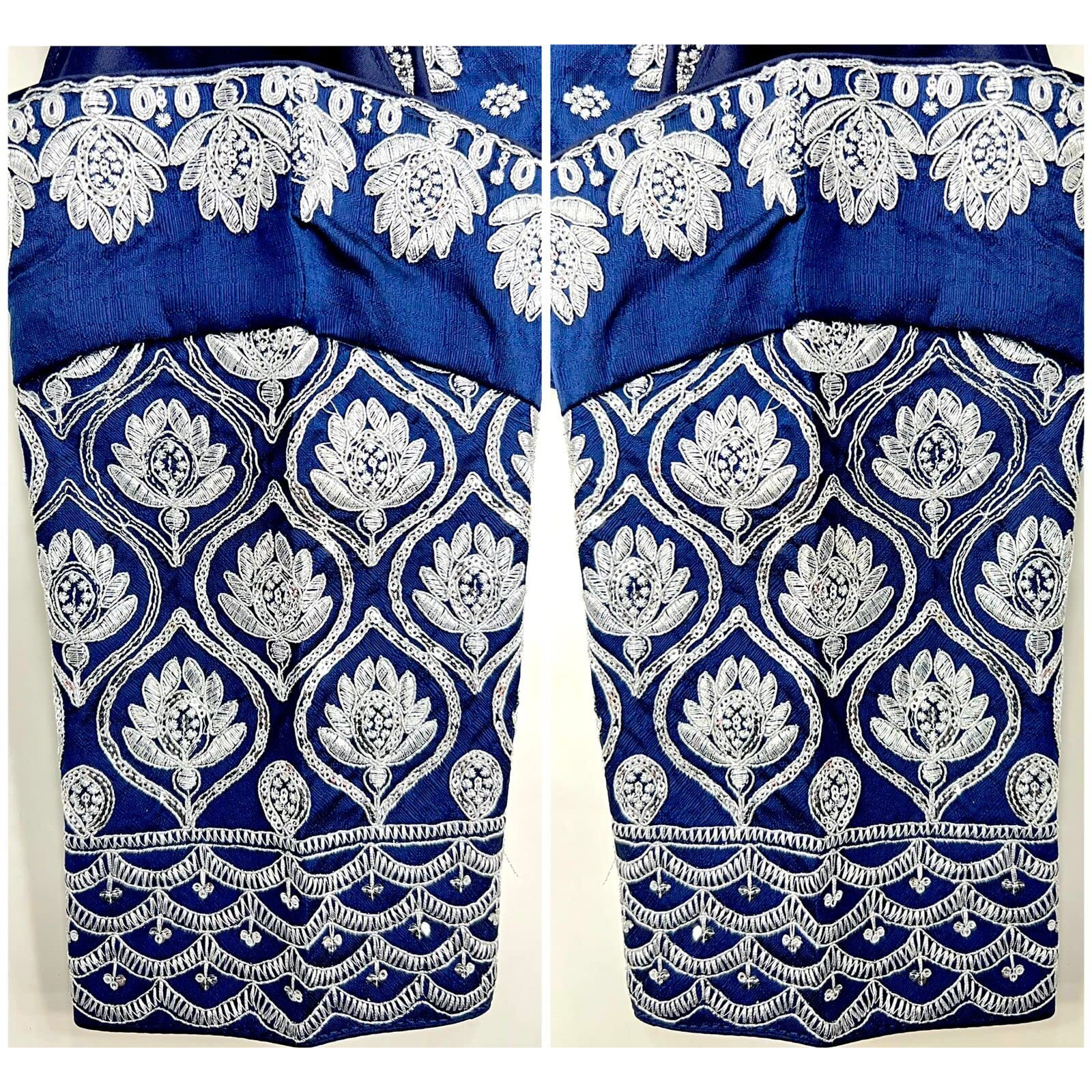 Pujia Mills Women's Silk Silver Embroidery Sequins Coding Work Half Sleeeve Readymade Saree Blouse (Gokul_Navy Blue_38)