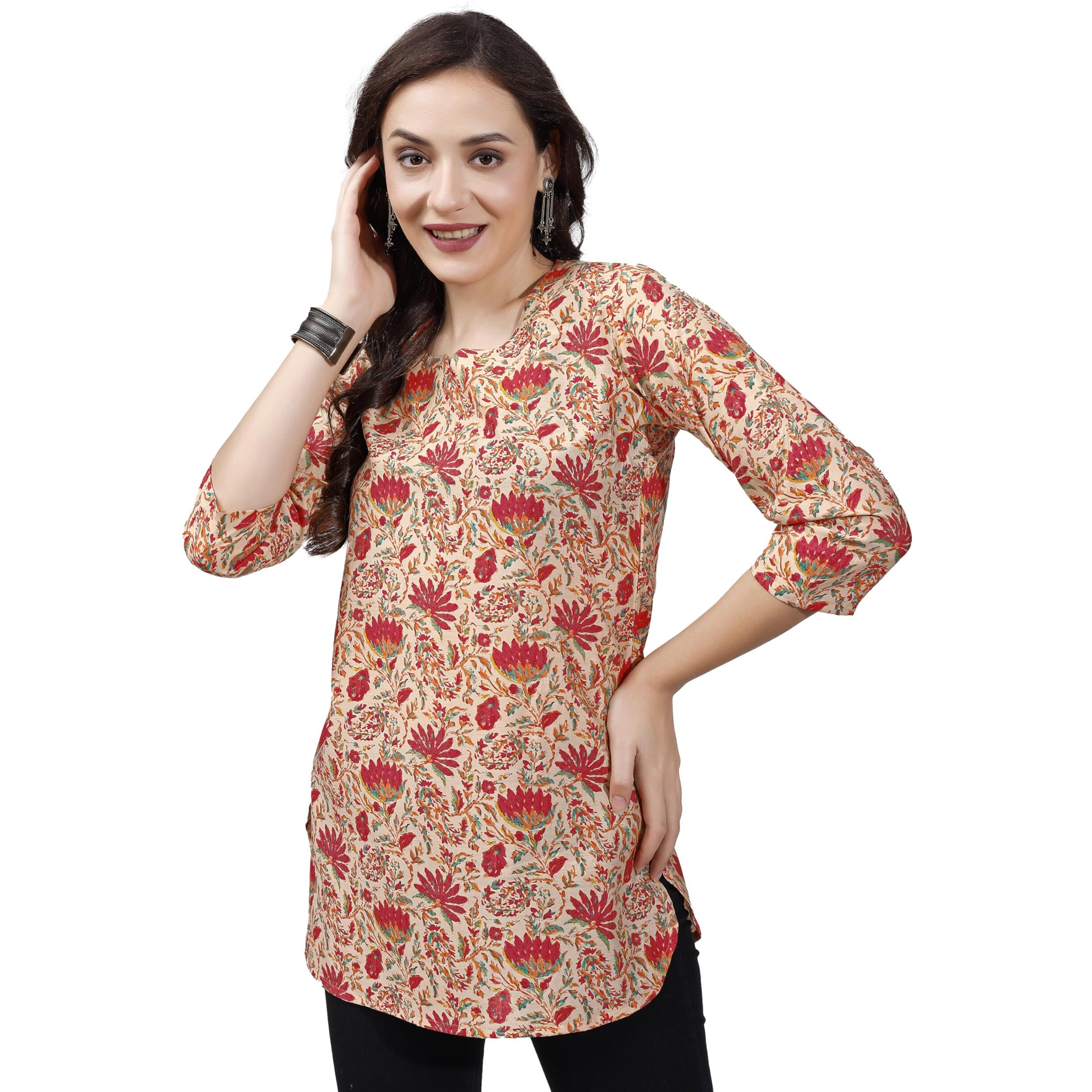 Shienzy Women's Rayon Floral Regular Kurta Top (Shz1452_Orange_L)