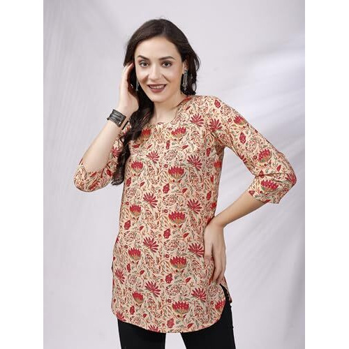Shienzy Women's Rayon Floral Regular Kurta Top (Shz1452_Orange_L)