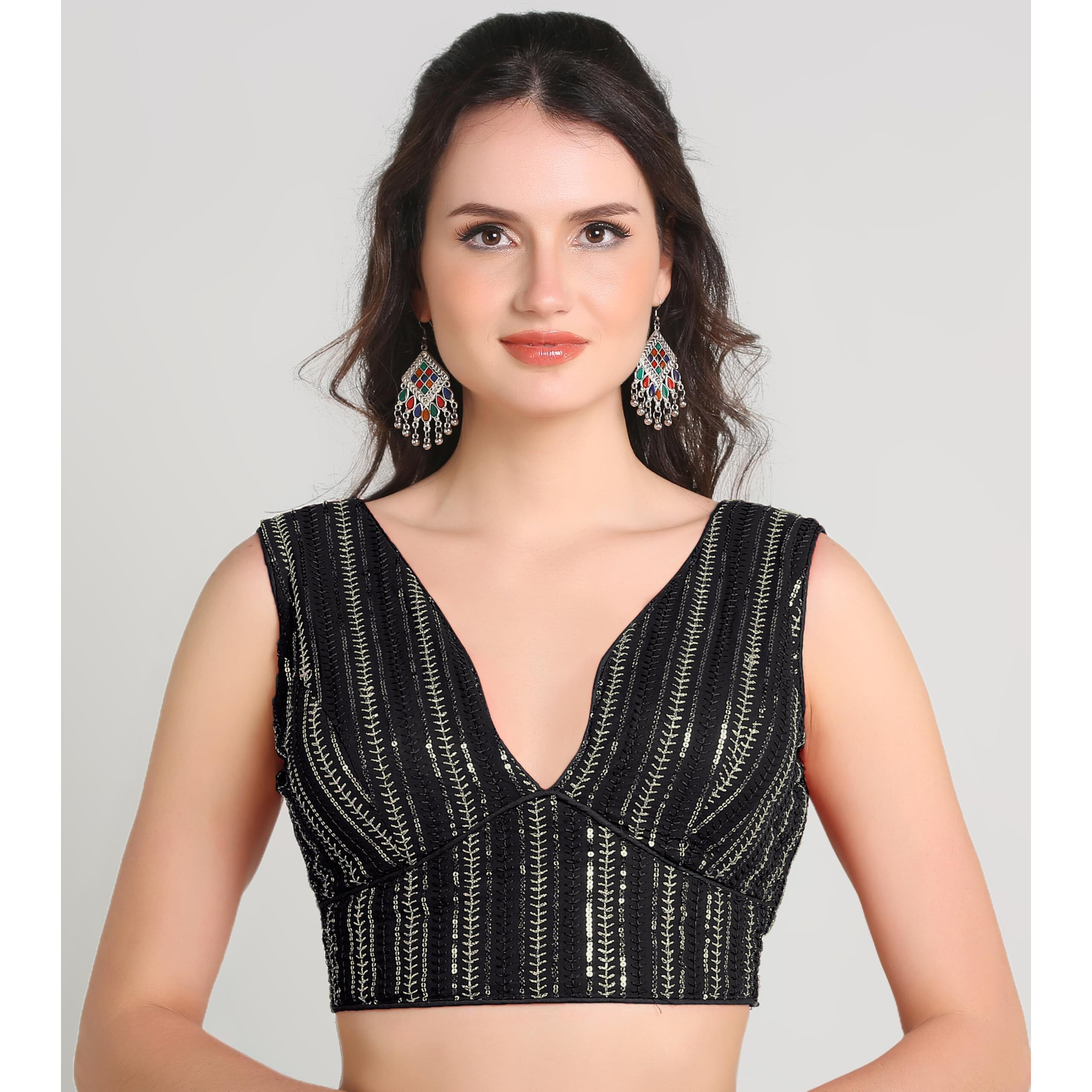Pujia Mills Women's Indian Ethnic Wear Sabyasachi Sequence With Dhaga Embroidered Zari Work Sweetheart Neck Blouse Sleeveless Readymade Padded Saree Back Open String Pattern Blouse