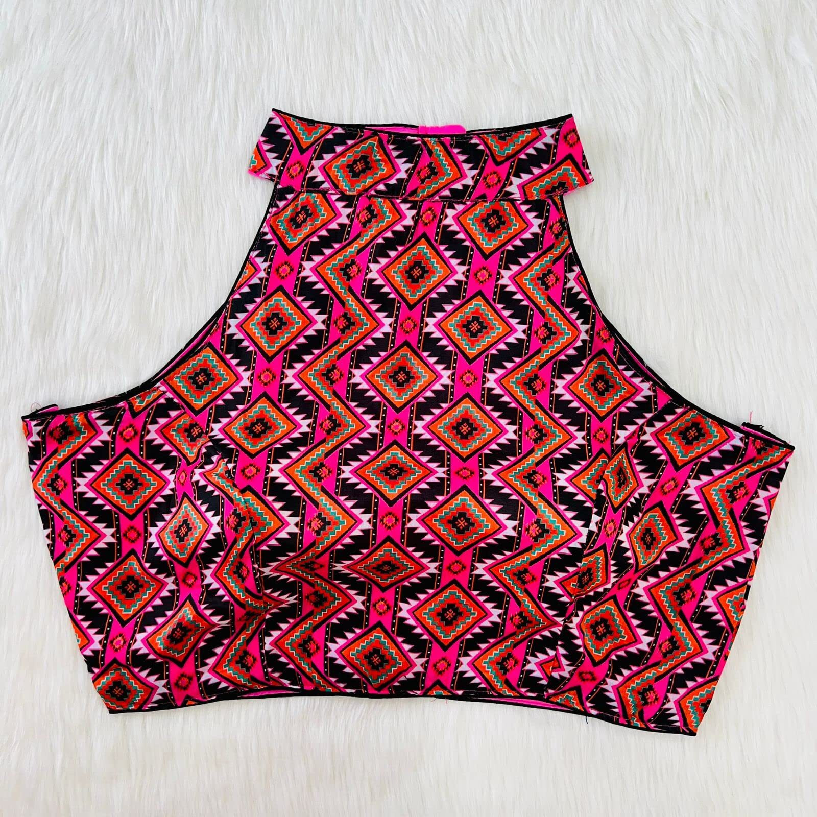 Pujia Mills Womens Readymade Halter Neck Sleeveless Printed Saree Blouse.(Halter Neck Print Pink_38)