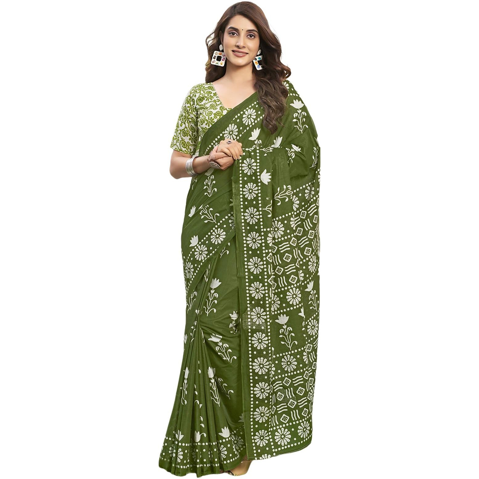 Satrani Women's Cotton Floral Printed Saree With Unstitched Blouse Piece (3790S109N_Olive Green2)