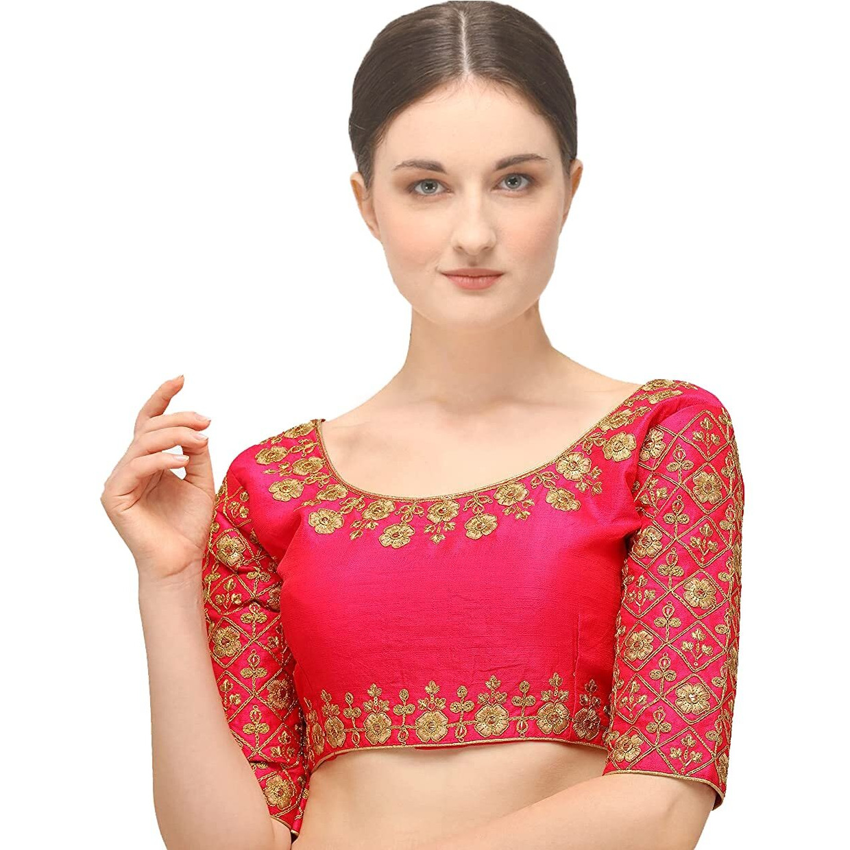 Pujia Mills Embroiderd Work Phantom Silk Readymade Blouse Pink