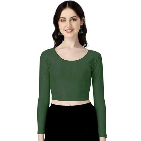 Shiv Textiles Round Neck Dobby Cotton Lycra Stretchable Elbow Sleeve Readymade Saree Blouse For Women Stylish (Greenpluse Size Full Sleeve)