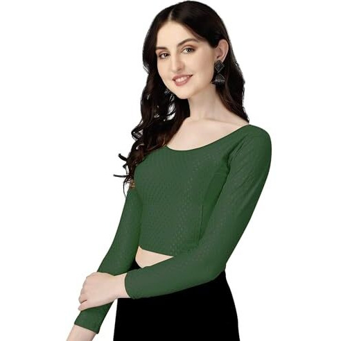 Shiv Textiles Round Neck Dobby Cotton Lycra Stretchable Elbow Sleeve Readymade Saree Blouse For Women Stylish (Greenpluse Size Full Sleeve)