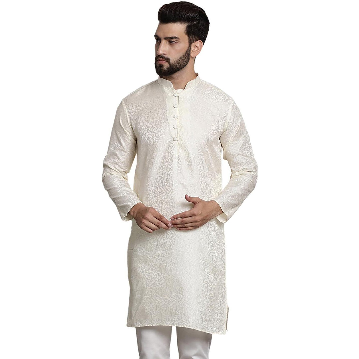 Sojanya (Since 1958 Men's Silk Blend Off White Color Paisley Design Only Long Kurta