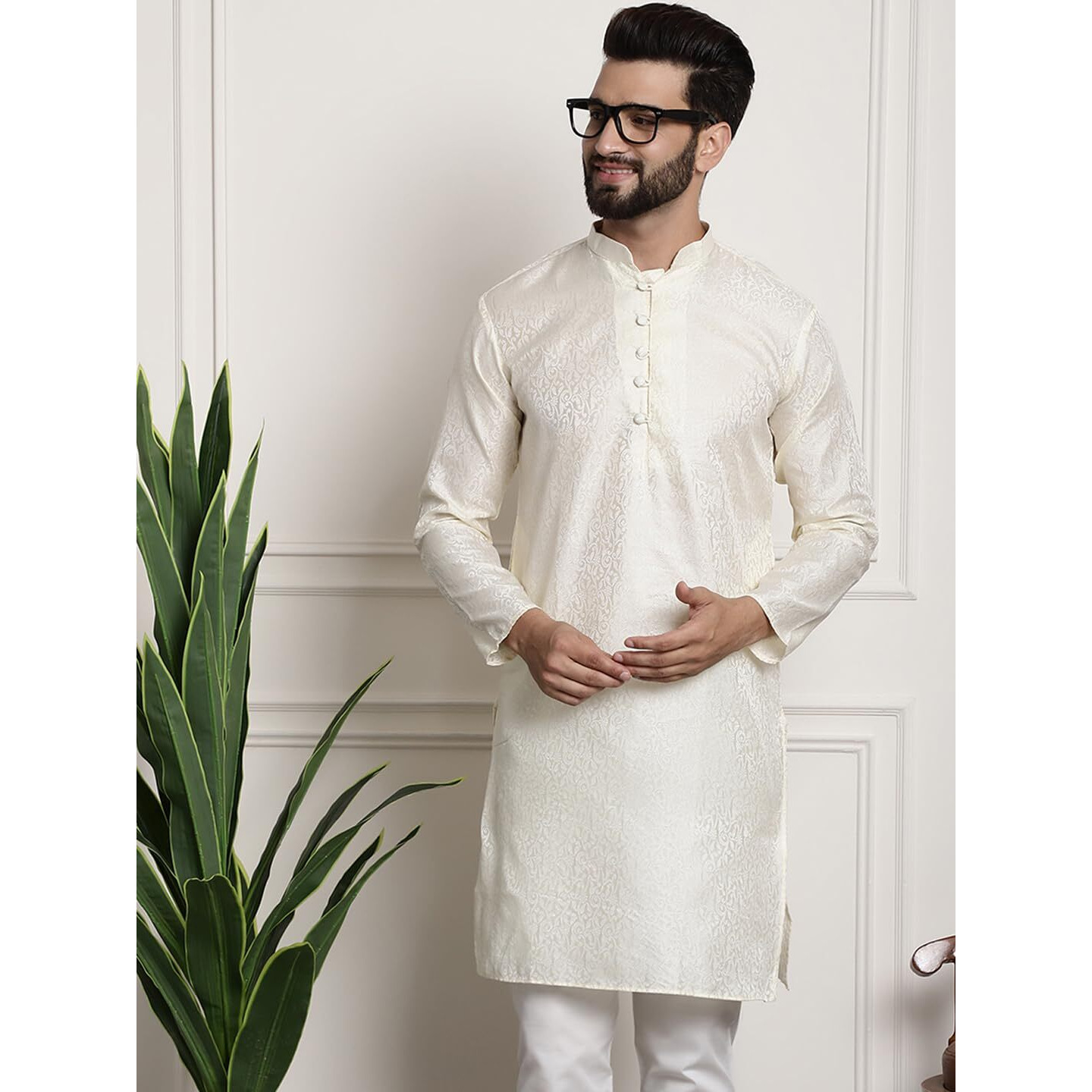 Sojanya (Since 1958 Men's Silk Blend Off White Color Paisley Design Only Long Kurta