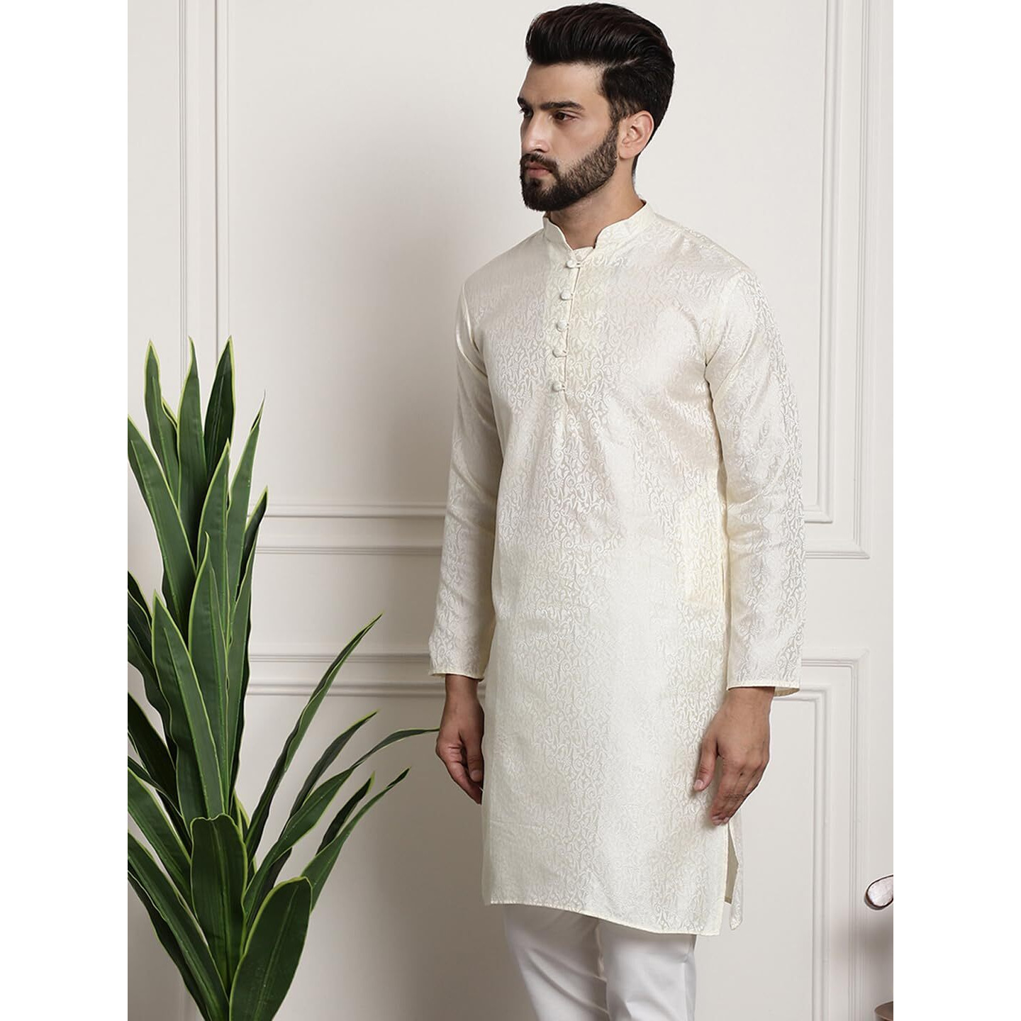 Sojanya (Since 1958 Men's Silk Blend Off White Color Paisley Design Only Long Kurta
