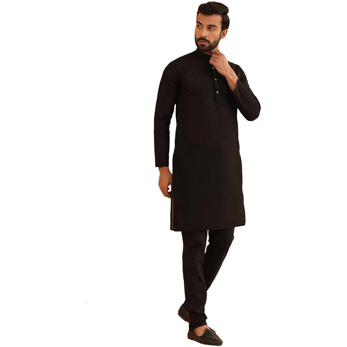 Sojanya (Since 1958 Men's Cotton Thread Embroidered Black Kurta With Black Churidaar Pyjama