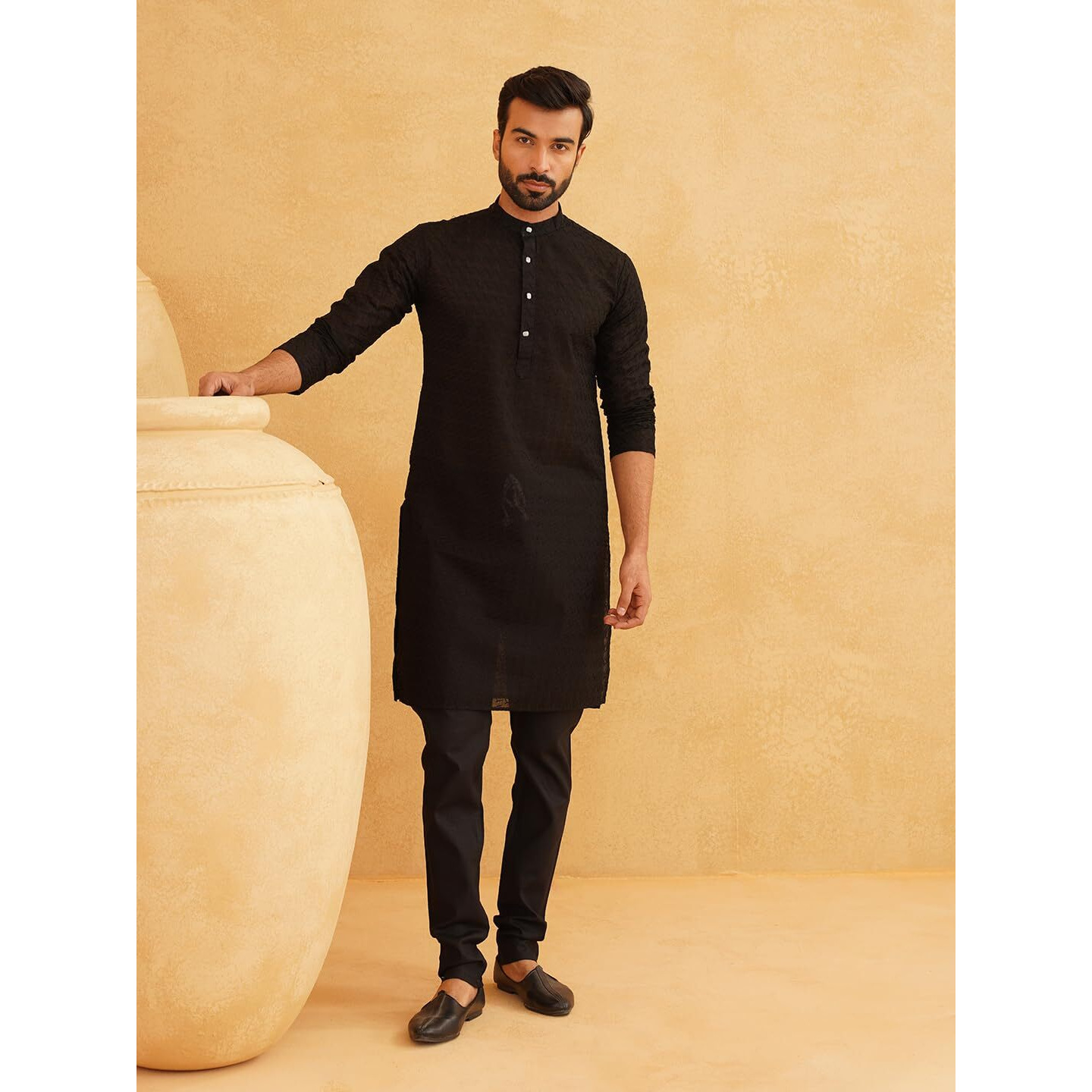 Sojanya (Since 1958 Men's Cotton Thread Embroidered Black Kurta With Black Churidaar Pyjama