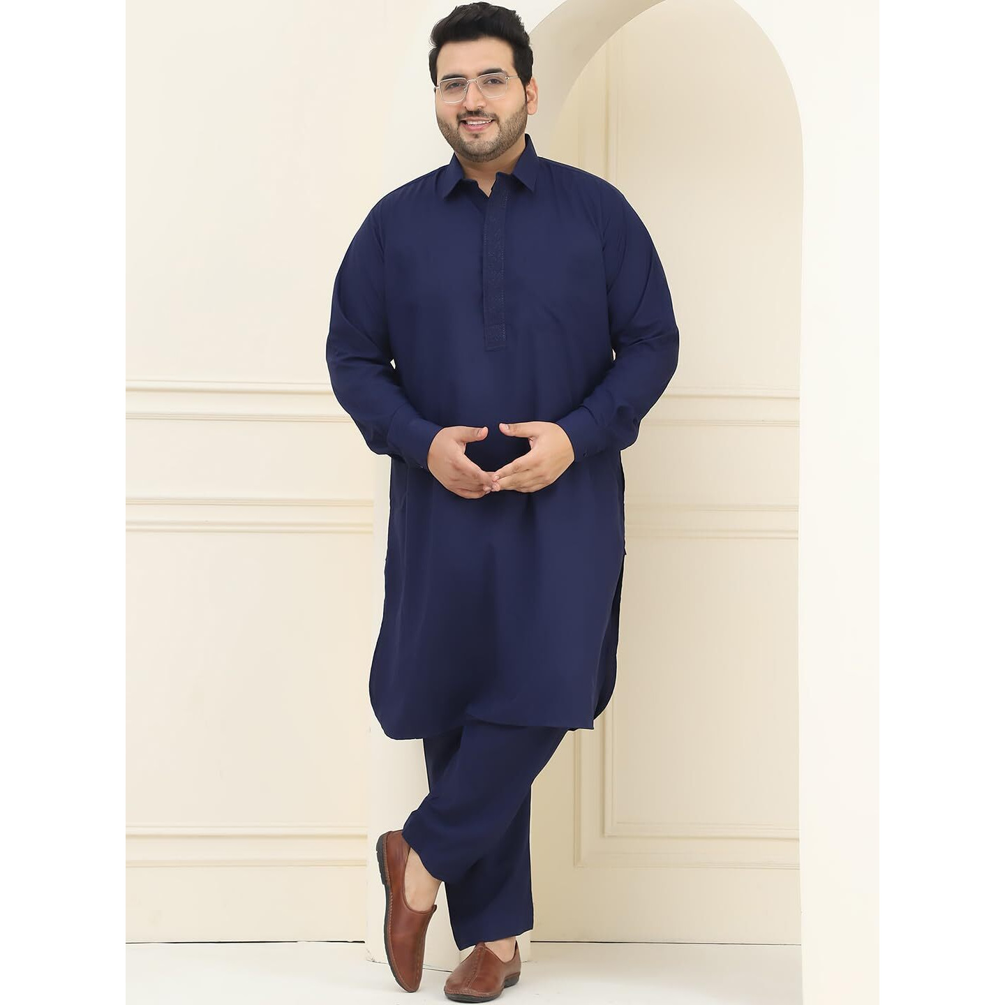 Sojanya Plus (Since 1958), Men's Cotton Navy Blue Pathani Kurta Salwar Set