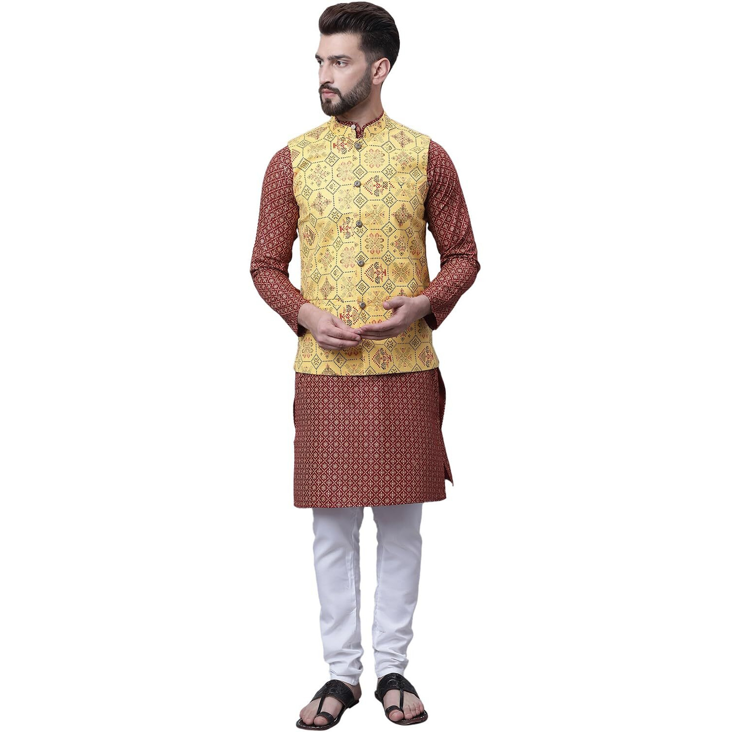 Sojanya (Since 1958 Men's Cotton Linen Maroon Kurta And White Pyjama With Mustard Cotton Nehru Jacket