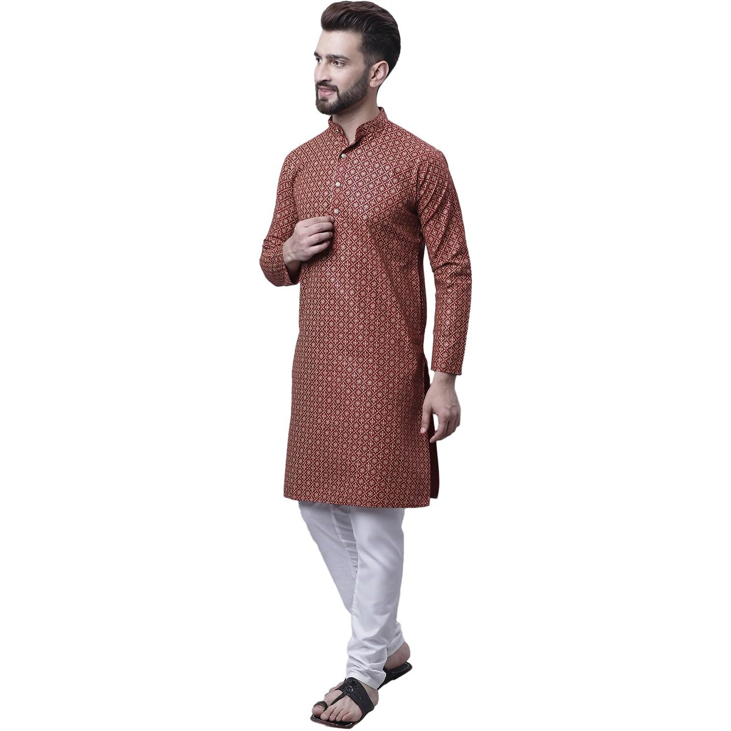 Sojanya (Since 1958 Men's Cotton Linen Maroon Kurta And White Pyjama With Mustard Cotton Nehru Jacket