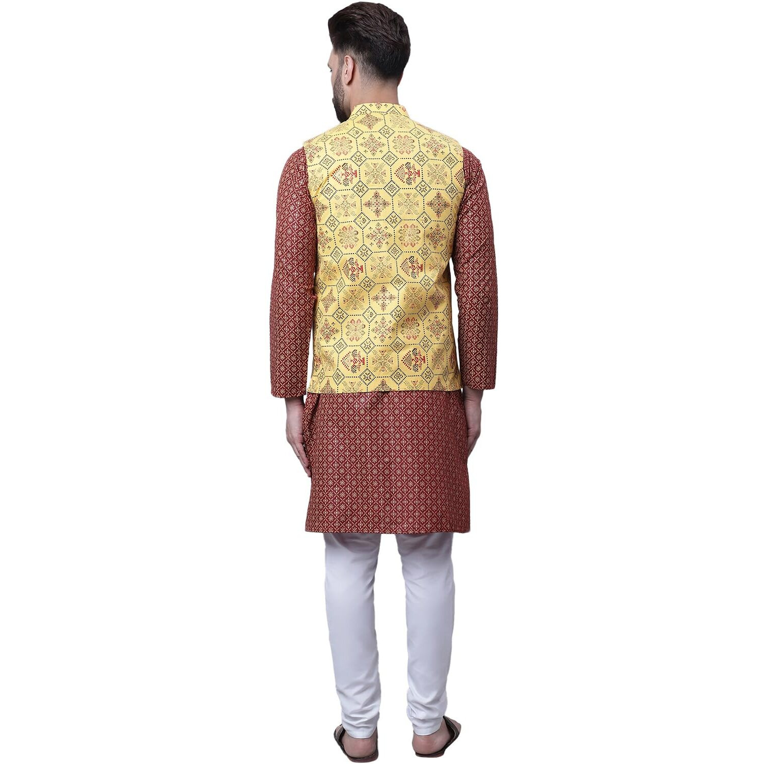 Sojanya (Since 1958 Men's Cotton Linen Maroon Kurta And White Pyjama With Mustard Cotton Nehru Jacket