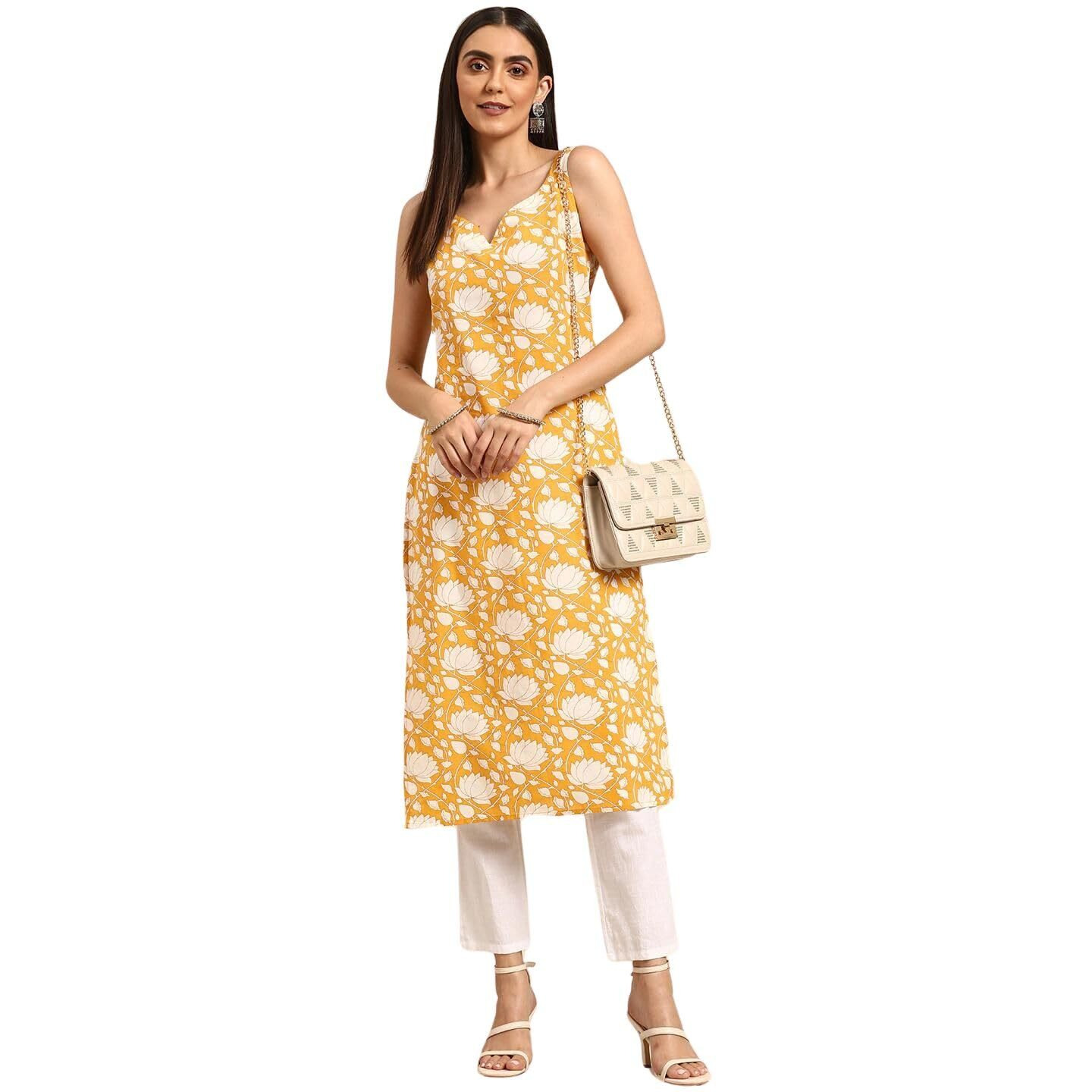 Rytras Women's Cotton Printed Straight Sleeveless Kurta(Yellow,3Xl)