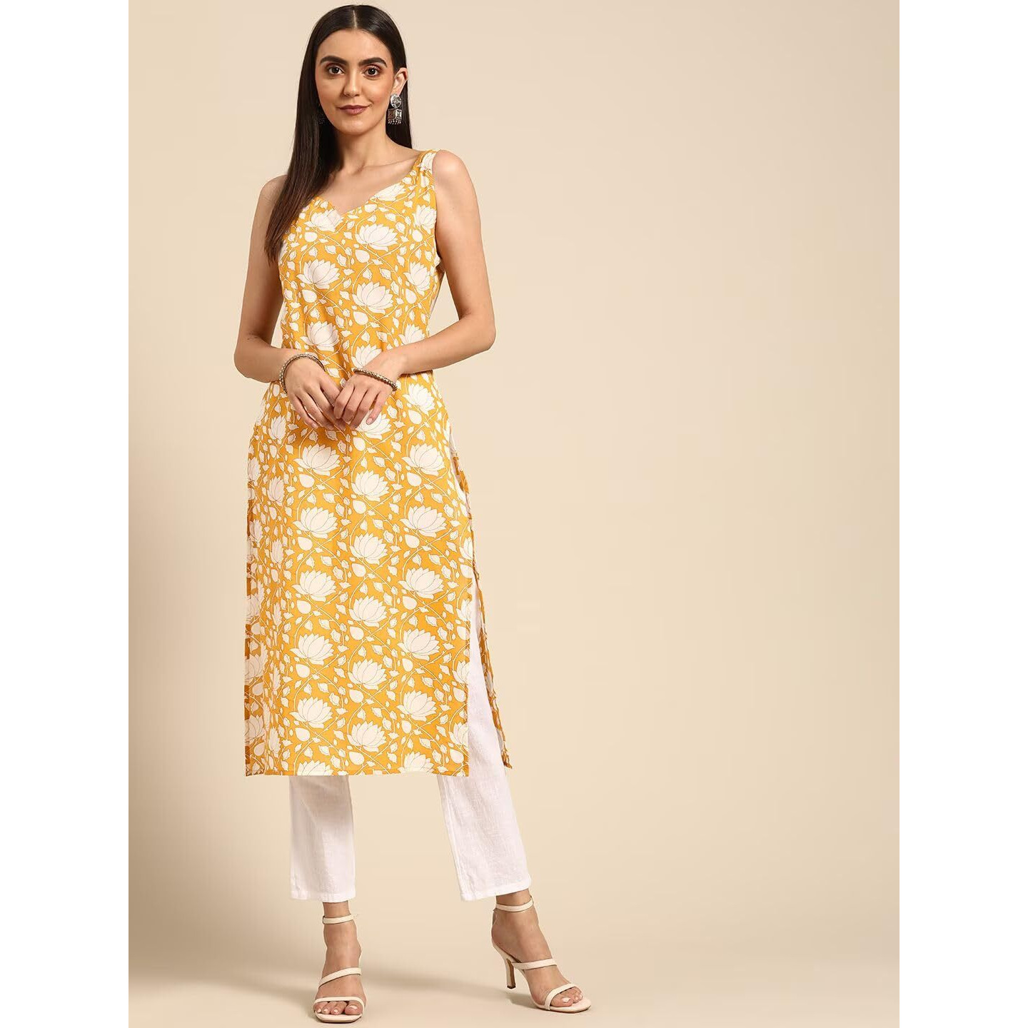Rytras Women's Cotton Printed Straight Sleeveless Kurta(Yellow,3Xl)