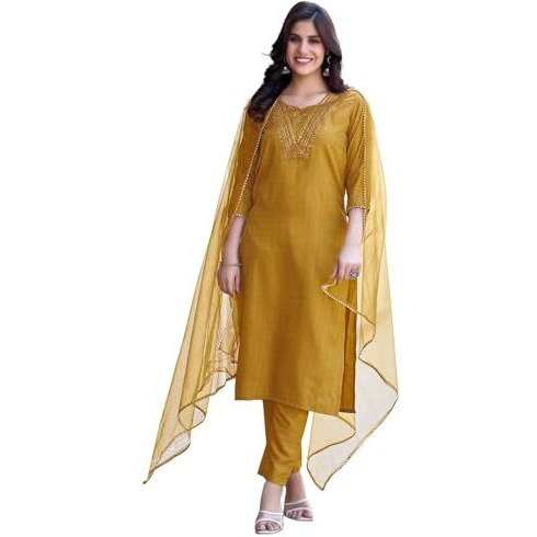 Sanisa Women's Art Silk Sequence Embroidery Work Straight Kurta With Pant And Dupatta Set (143Kbd1545Nr-L_Mustard Yellow)