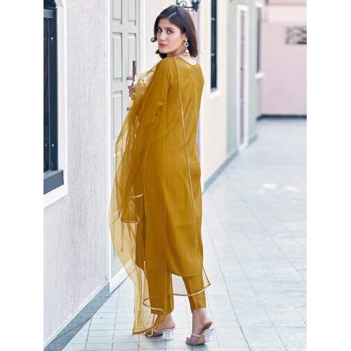 Sanisa Women's Art Silk Sequence Embroidery Work Straight Kurta With Pant And Dupatta Set (143Kbd1545Nr-L_Mustard Yellow)