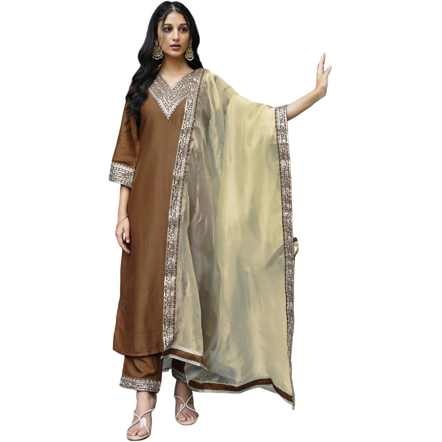 Sanisa Women's Art Silk Sequins Embroidery Lace Straight Kurta With Pant And Dupatta Set (104Kbd1138N-M_Mustard)
