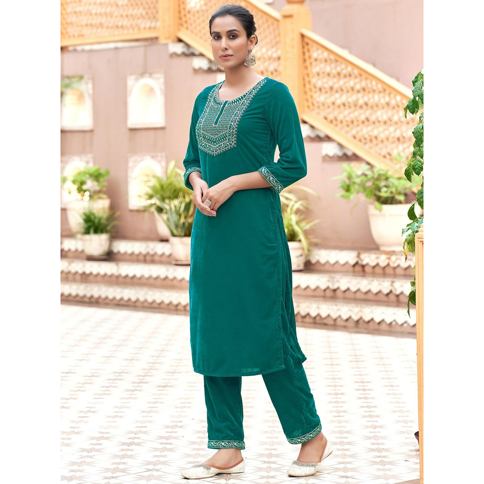 Sanisa Women's Velvet Sequins Embroidery Straight Kurta With Pant And Dupatta Set (218Kbd2311N-L_Teal Green)