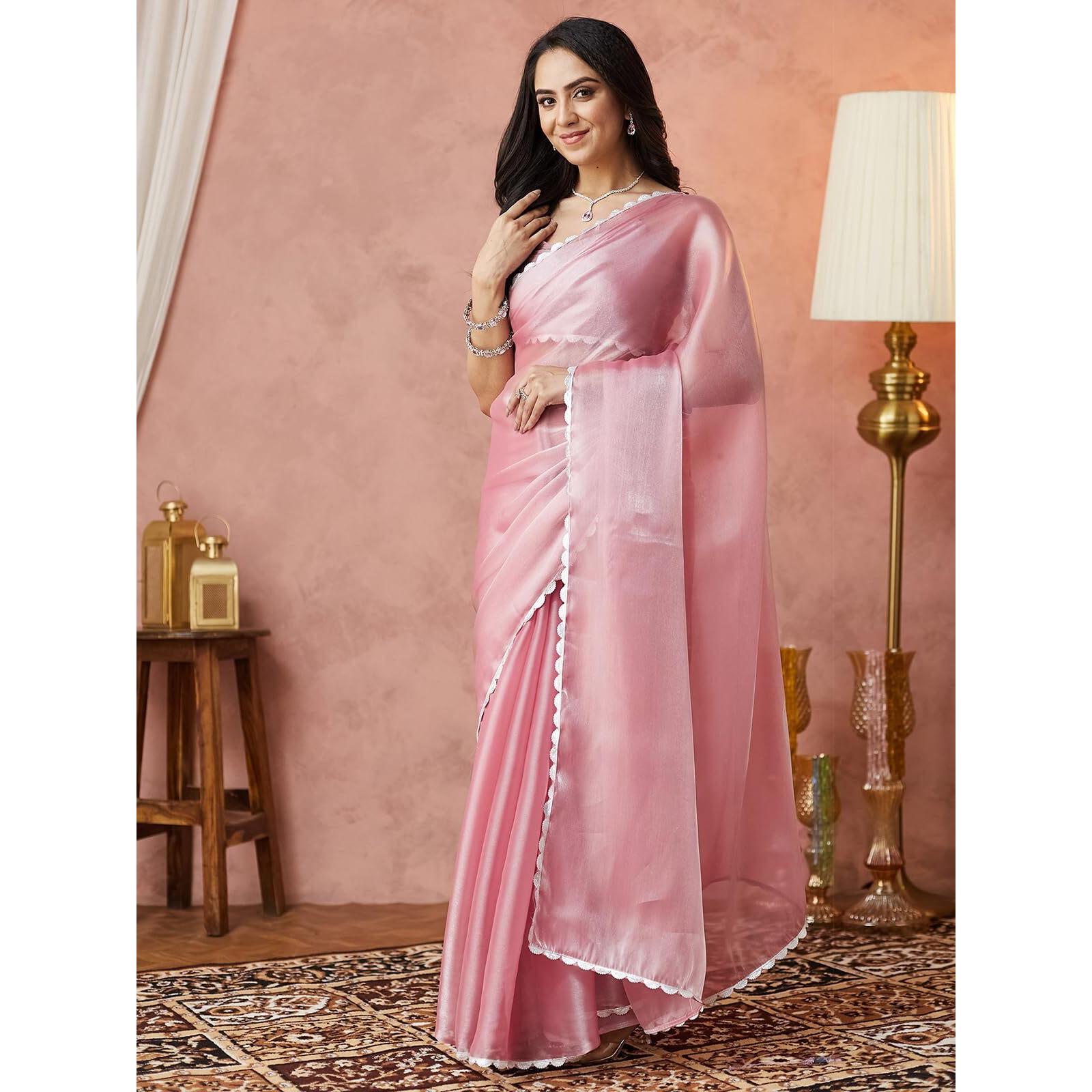 Satrani Women's Tissue Silk Jimmy Choo Lace Work Saree With Unstitched Blouse Piece (4056S6375N_Light Pink)