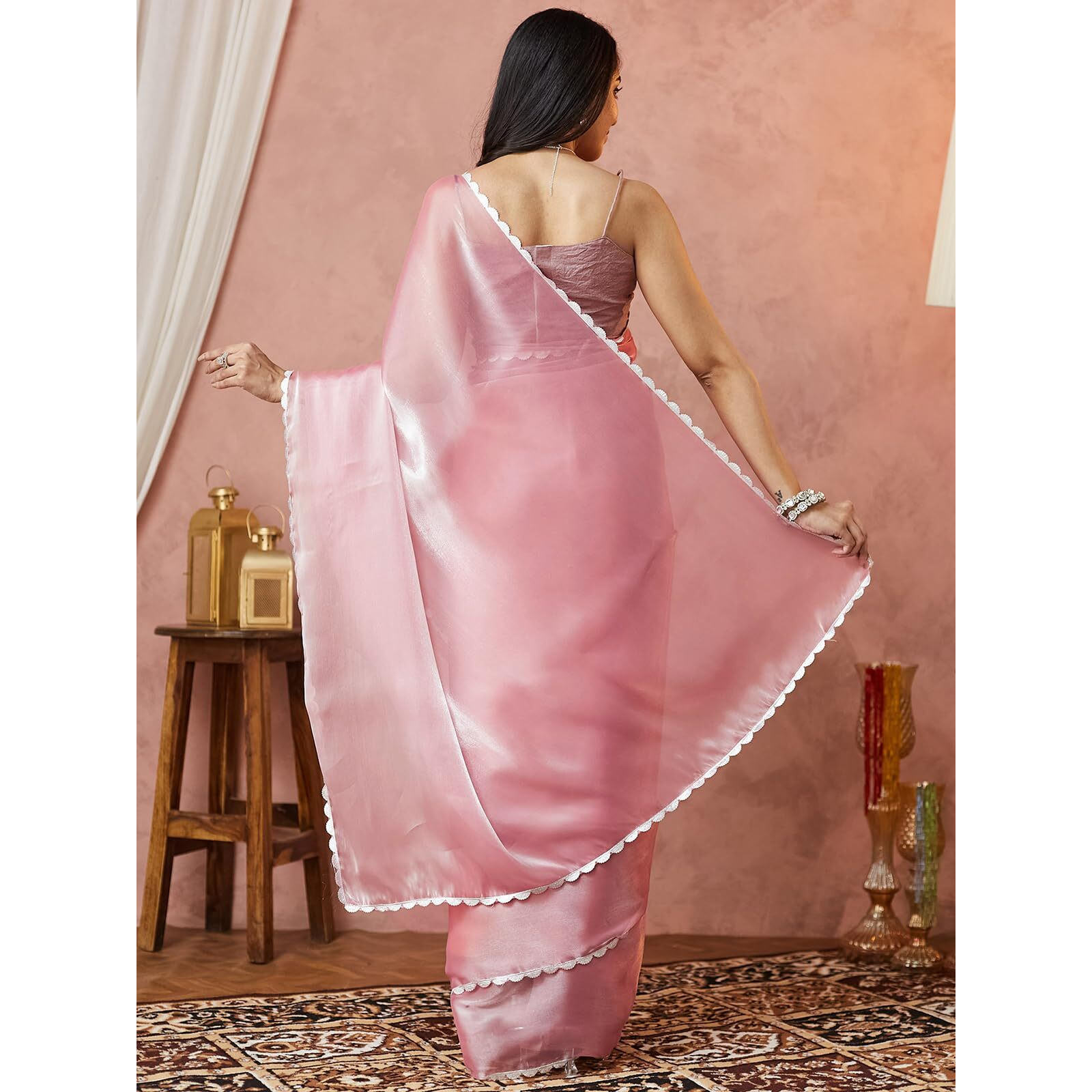 Satrani Women's Tissue Silk Jimmy Choo Lace Work Saree With Unstitched Blouse Piece (4056S6375N_Light Pink)