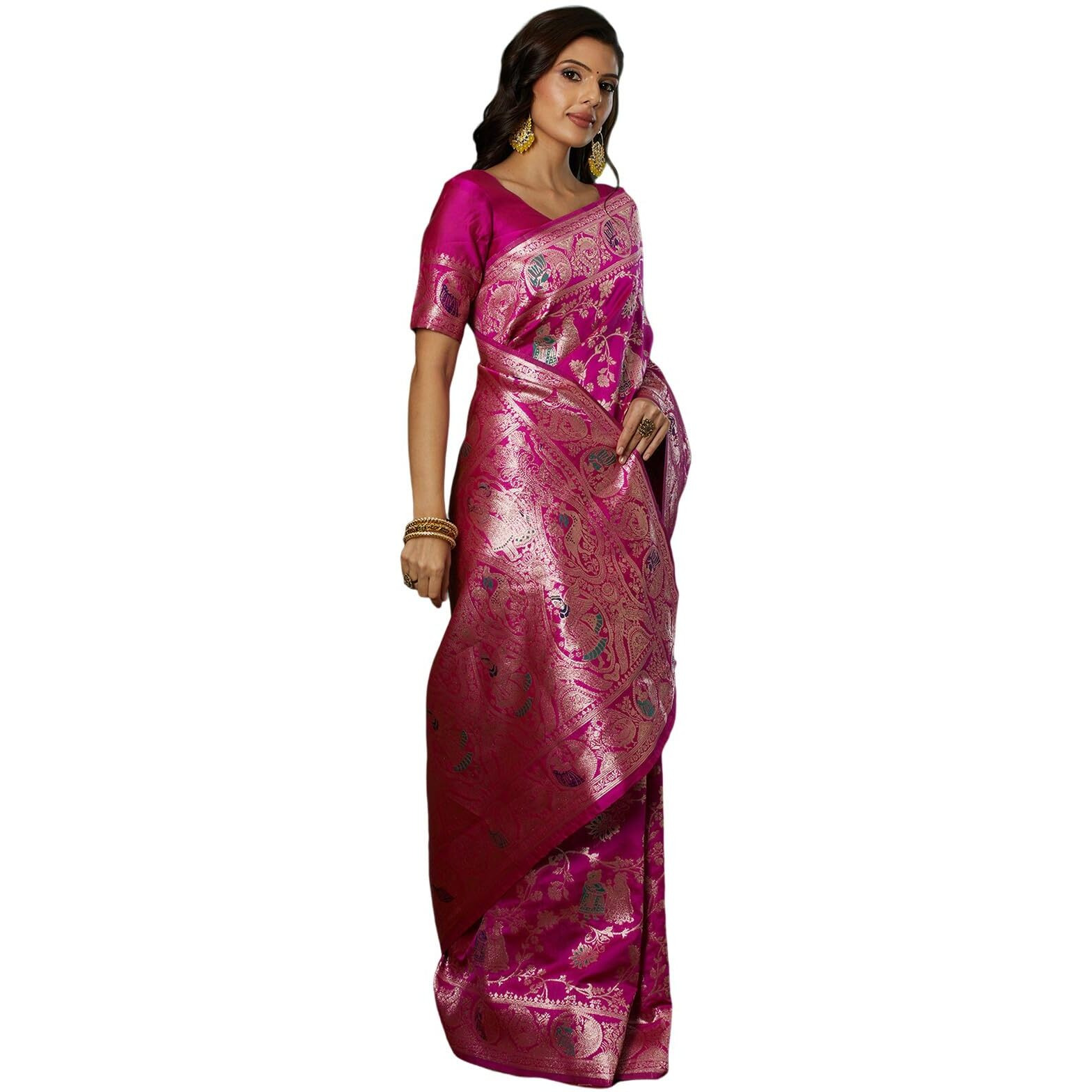 Satrani Women's Silk Blend Weaving Banarasi Saree With Unstitched Blouse Piece (4100S736N_Magenta1)