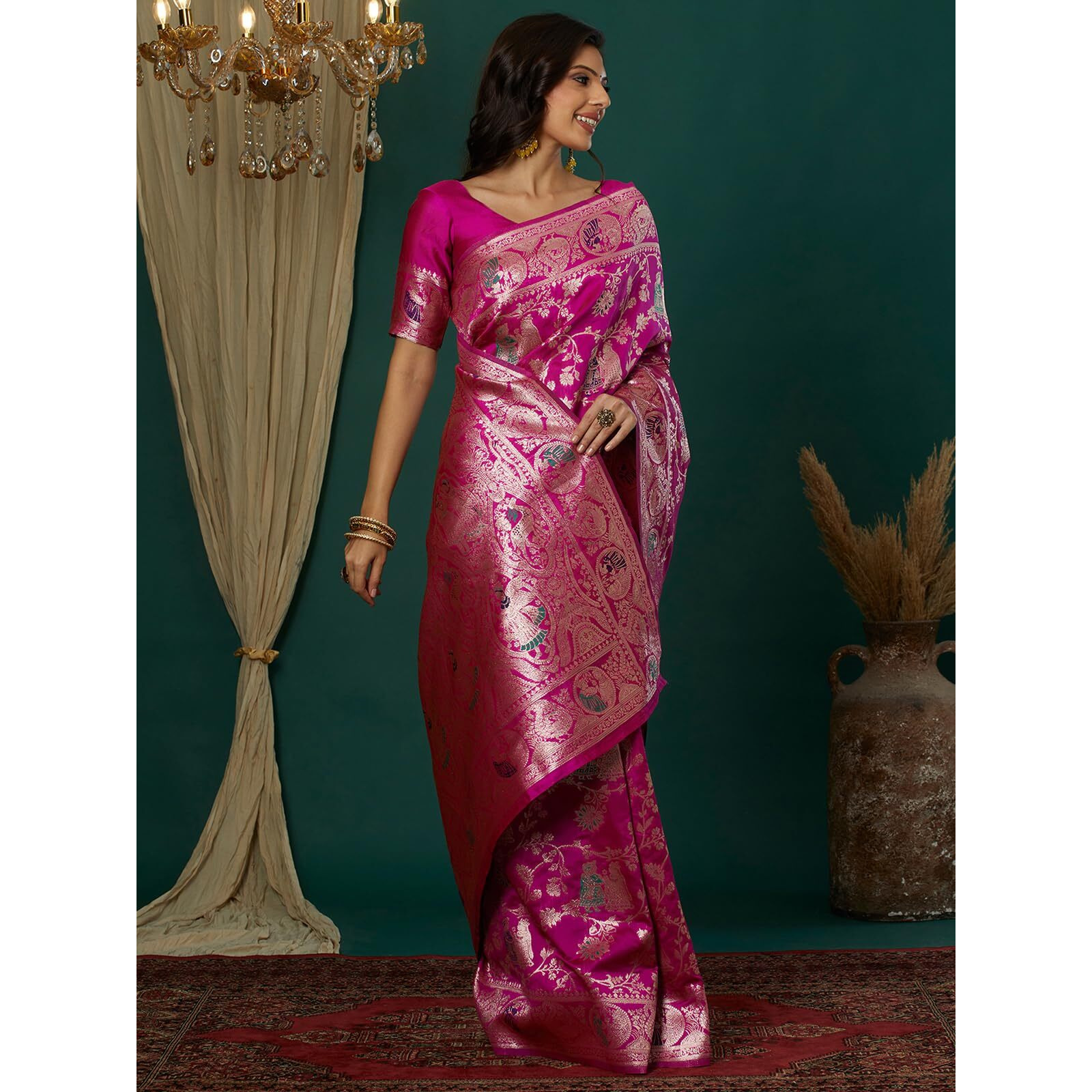 Satrani Women's Silk Blend Weaving Banarasi Saree With Unstitched Blouse Piece (4100S736N_Magenta1)