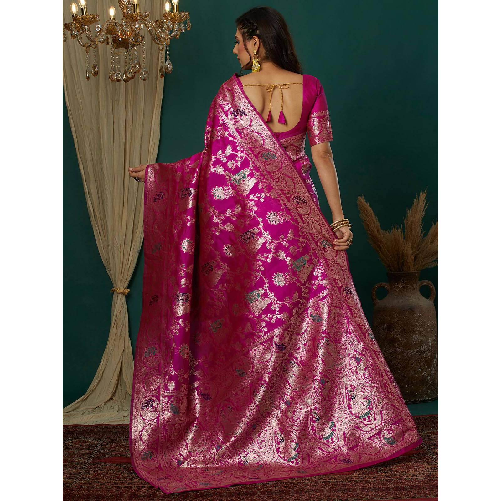 Satrani Women's Silk Blend Weaving Banarasi Saree With Unstitched Blouse Piece (4100S736N_Magenta1)