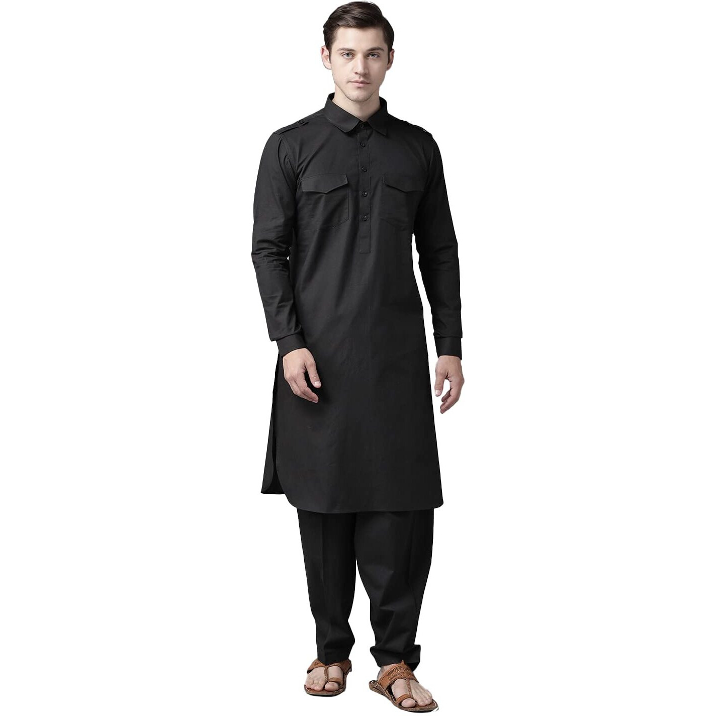 See Designs Men's Solid Cotton Curved Hemline With Shirt Collar Black Full Sleeve Pathani Kurta With Salwar - Sdkt600Xs