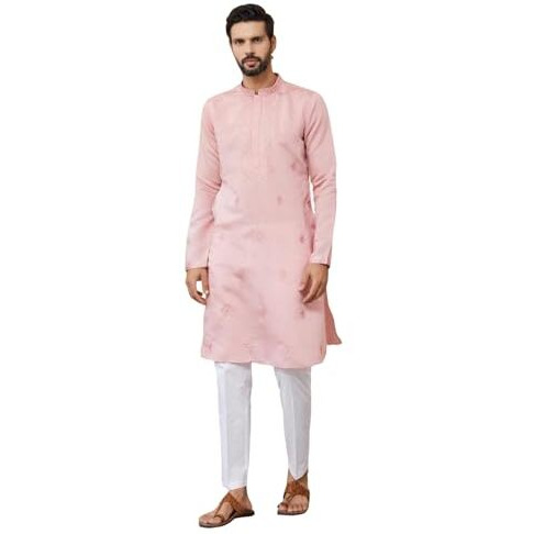 See Designs Men's Long Sleeve Mandarin Collar Side Slit Pale Rose Embroidered Chanderi Silk Straight Kurta With Pyjama - Sdkt257701Xl