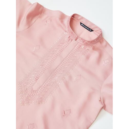 See Designs Men's Long Sleeve Mandarin Collar Side Slit Pale Rose Embroidered Chanderi Silk Straight Kurta With Pyjama - Sdkt257701Xl