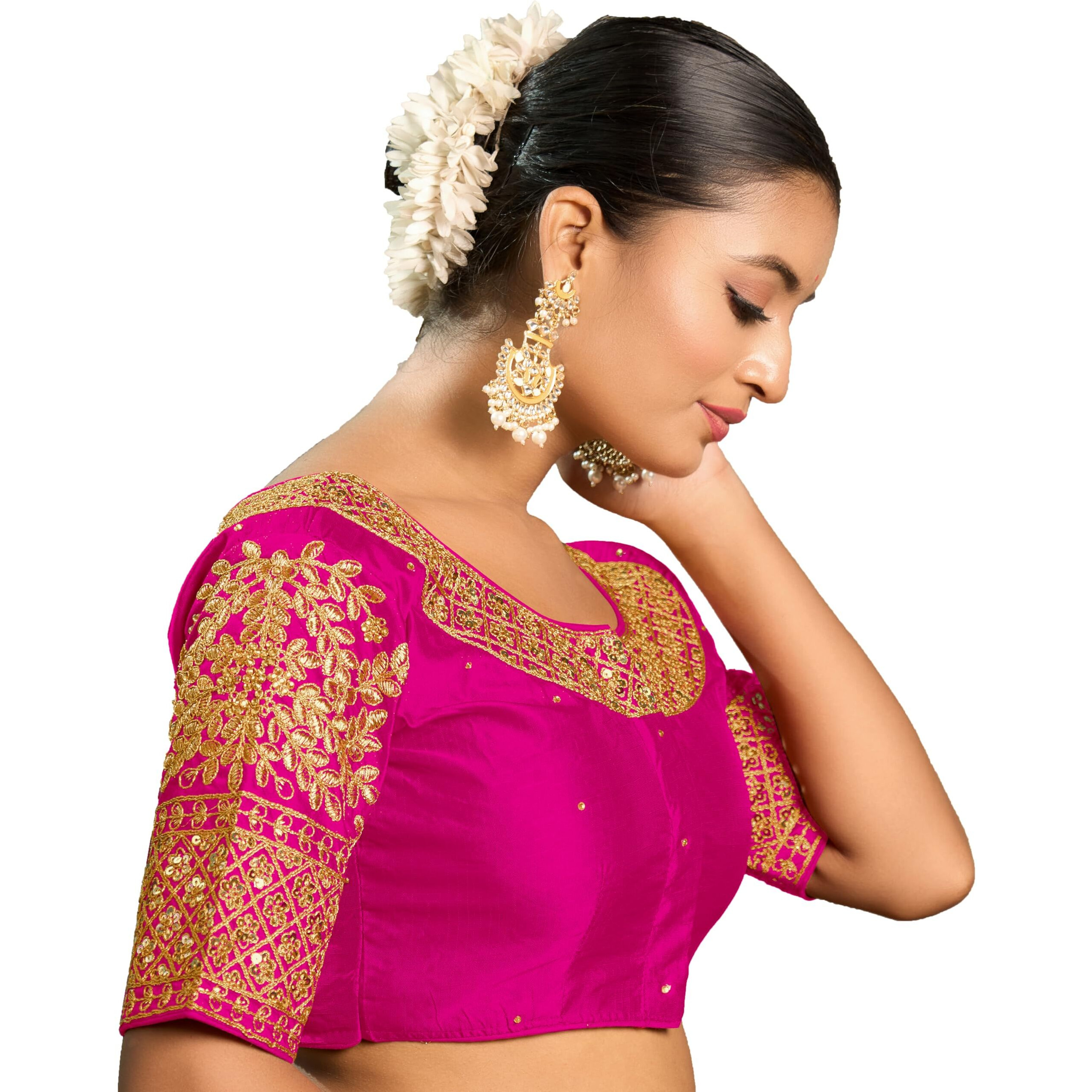 Vihu Fashion Women's Heavy Embroidery Coding With Sequins Work Half Sleeves Fancy Readymade Saree Blouse(Chamak Pink_38)