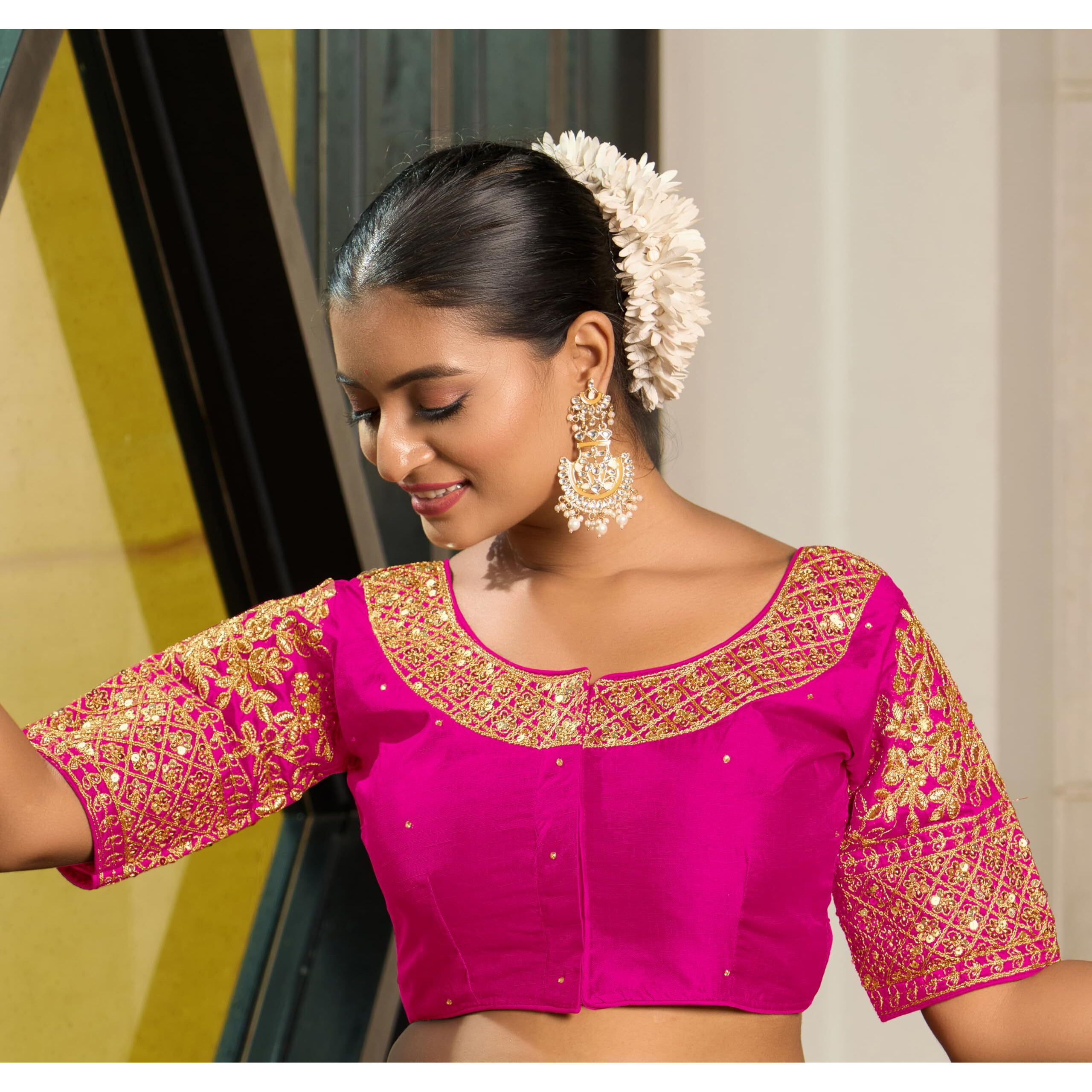 Vihu Fashion Women's Heavy Embroidery Coding With Sequins Work Half Sleeves Fancy Readymade Saree Blouse(Chamak Pink_38)