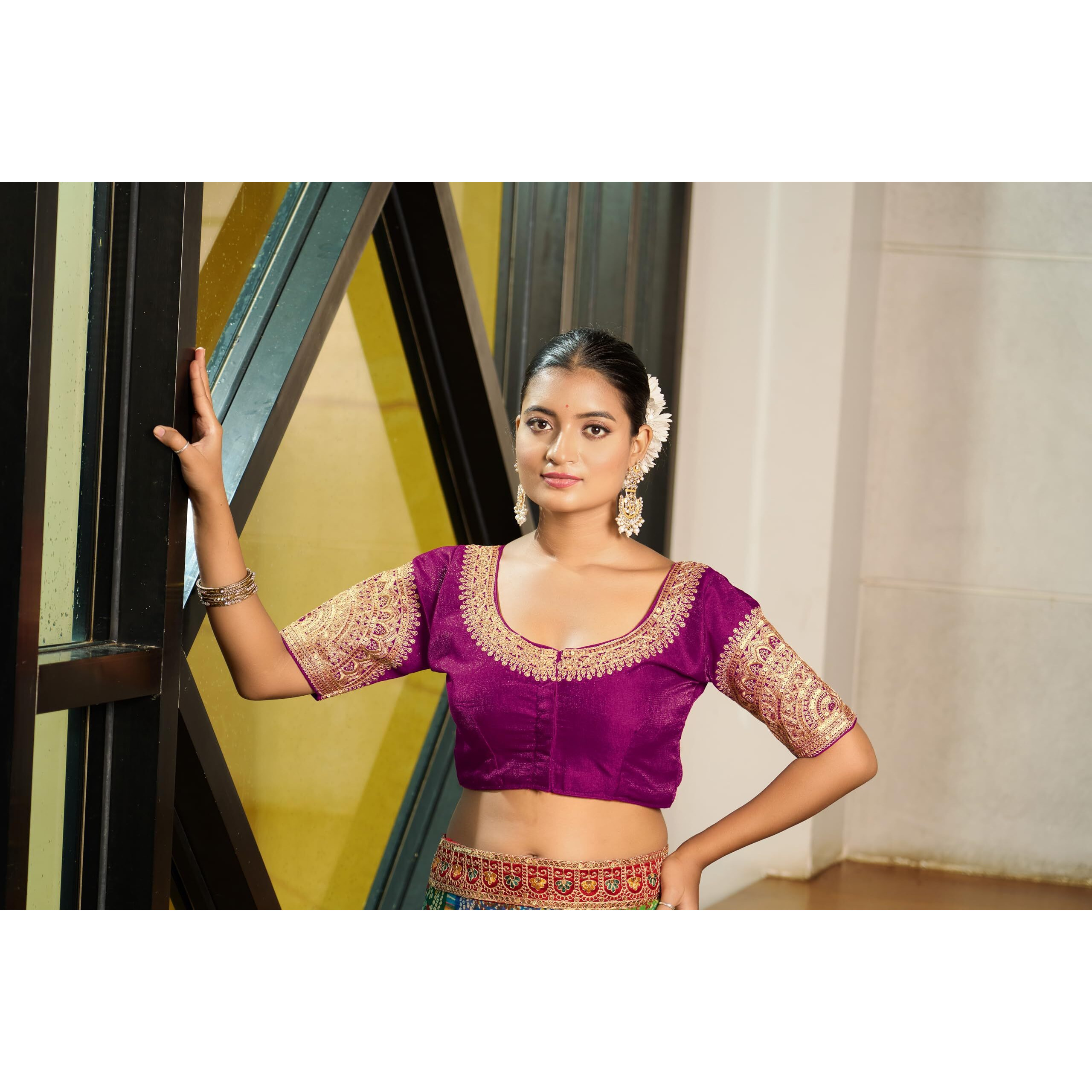 Vihu Fashion Women's Readymade Blouse Embroidery Multi Coding Dull Golden Sequence Work Indian Ethnic Designer Stitched Readymade Saree Half Sleeve Wine Blouse For Women For Saree Lehenga Choli