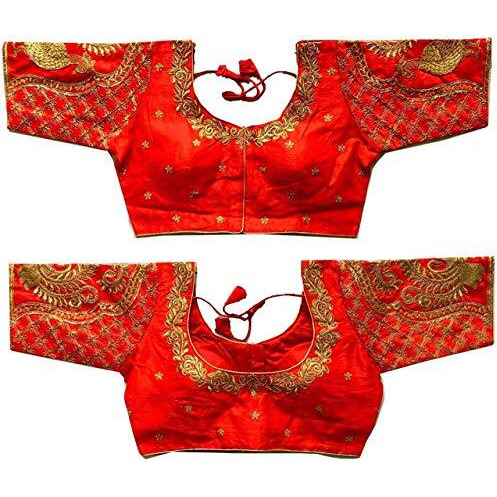 Vihu Fashion Women's Multicolor Phantom Silk Peacock Half Sleeves Saree Blouse (Mor Blouse_Red_38 Size)