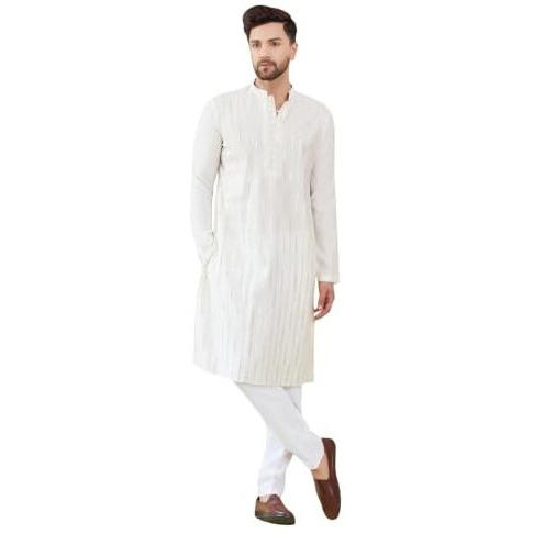 See Designs Men Full Sleeve Side Slit Off White And Gold Chanderi Silk Sequins Mandarin Collar Kurta - Sd2Kt_2423Xl