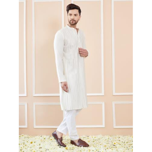 See Designs Men Full Sleeve Side Slit Off White And Gold Chanderi Silk Sequins Mandarin Collar Kurta - Sd2Kt_2423Xl