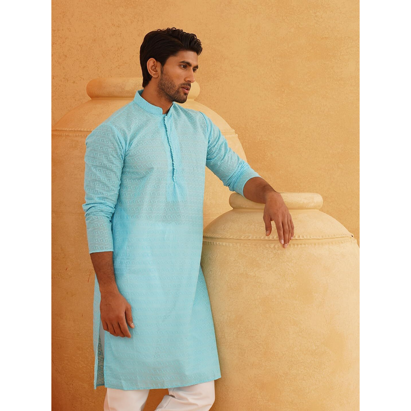 Sojanya (Since 1958 Ethnic Motifs Embroidered Thread Work Pure Cotton Sky Blue Straight Only Kurta