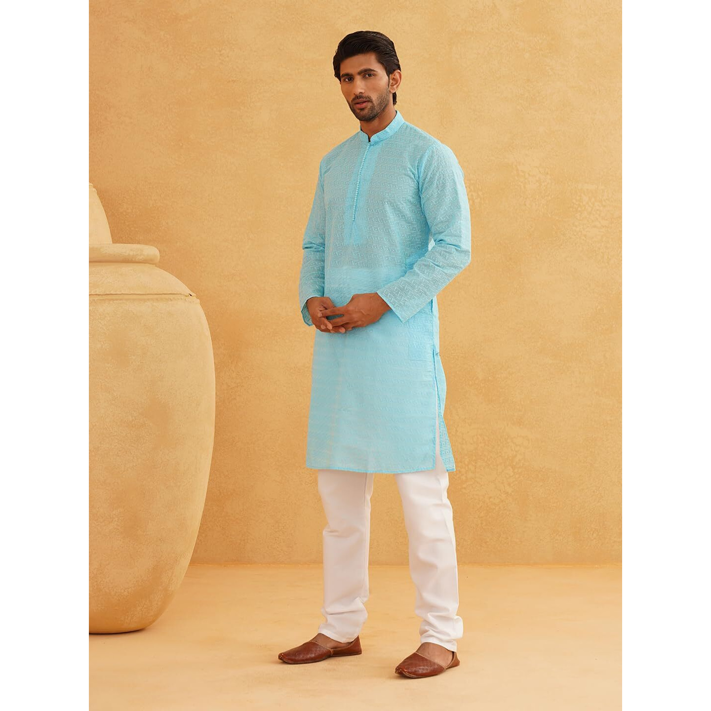 Sojanya (Since 1958 Ethnic Motifs Embroidered Thread Work Pure Cotton Sky Blue Straight Only Kurta