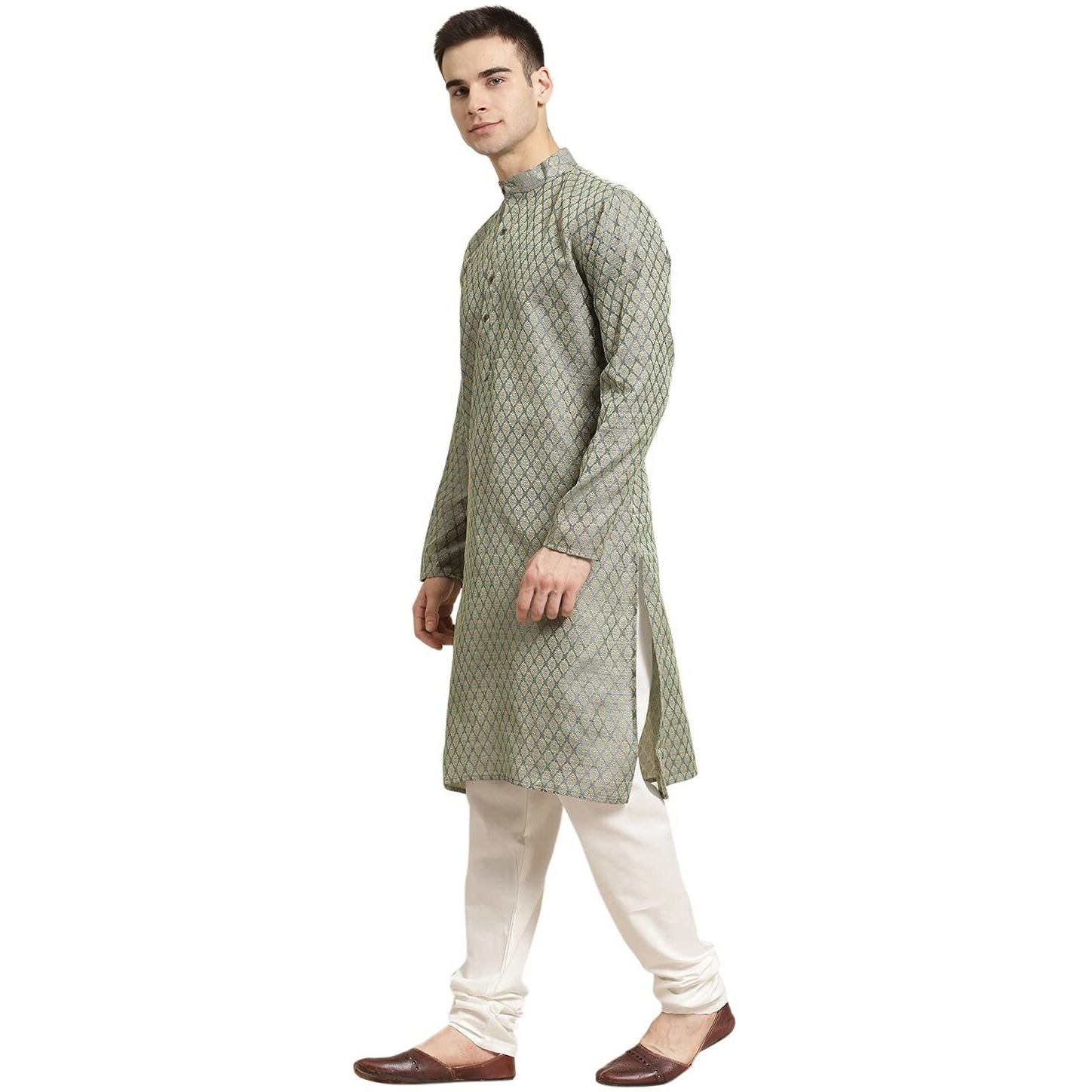 Sojanya (Since 1958 Men's Jacq Silk Teal Green Self Design Kurta & Off-White Churidar Pyjama Set