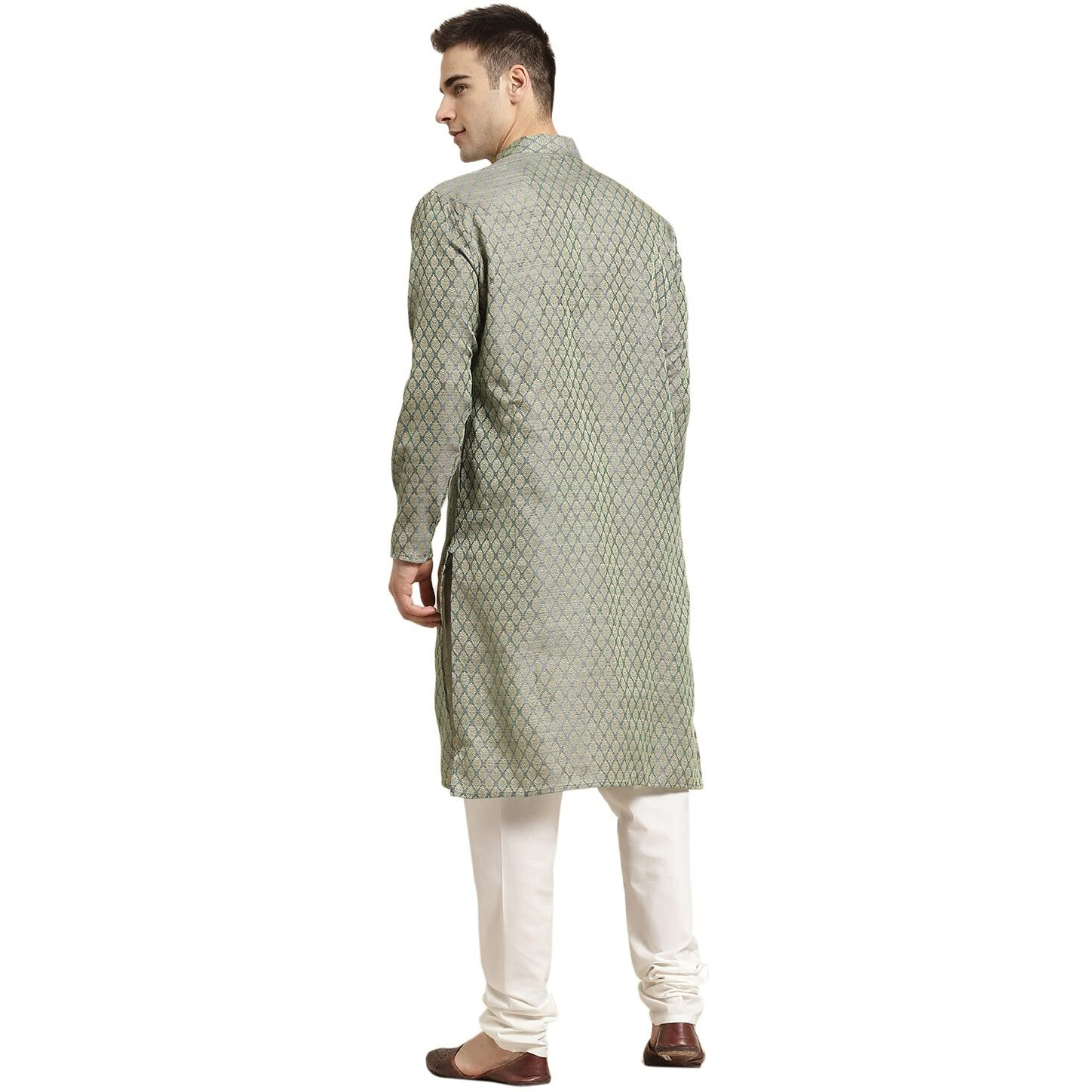 Sojanya (Since 1958 Men's Jacq Silk Teal Green Self Design Kurta & Off-White Churidar Pyjama Set