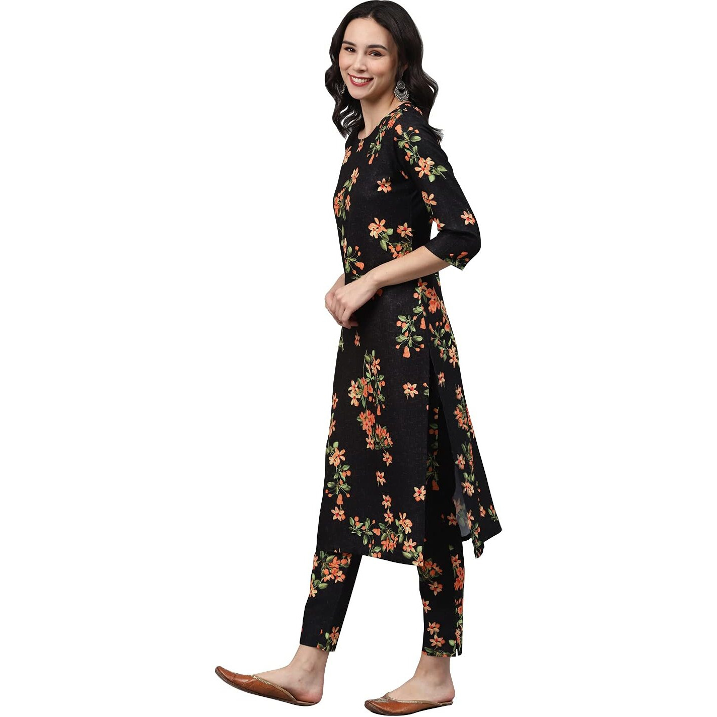 Ziyaa Women's Rayon Regular Kurta (Zikury3443-L_Black_L)