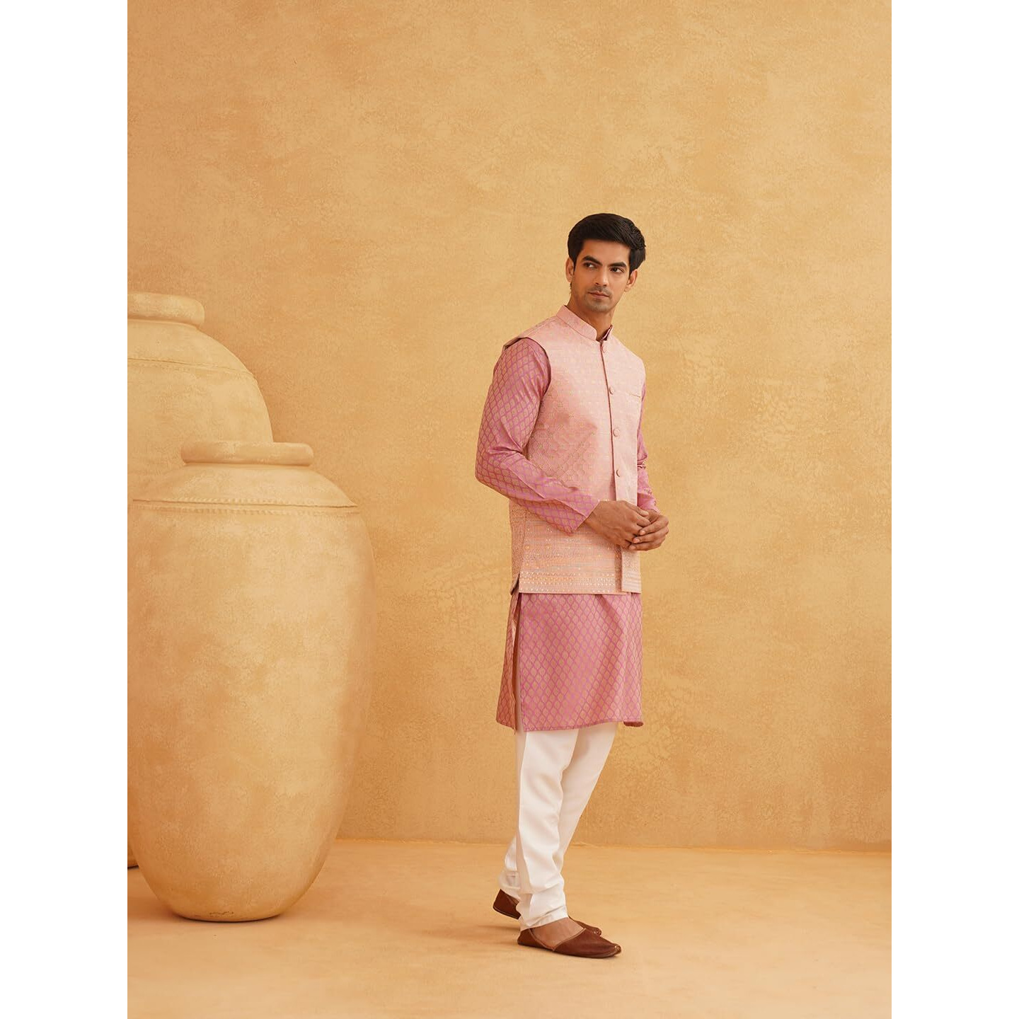 Sojanya (Since 1958 Men's Jacquard Silk Pink Kurta And Off-White Pyjama With Pink Nehru Jacket