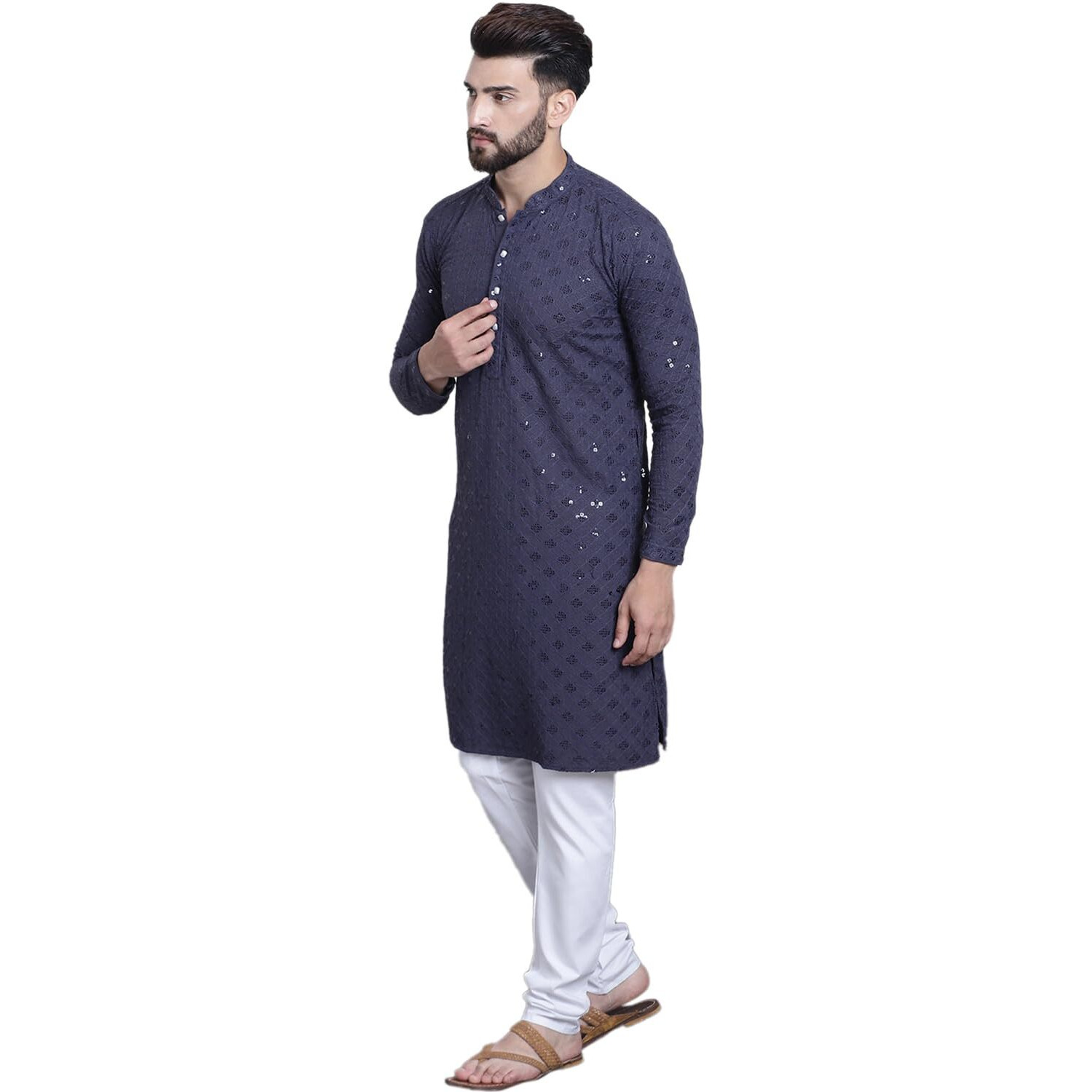 Sojanya (Since 1958 Men's Pure Cotton Grey Sequence Kurta & White Pyjama Set