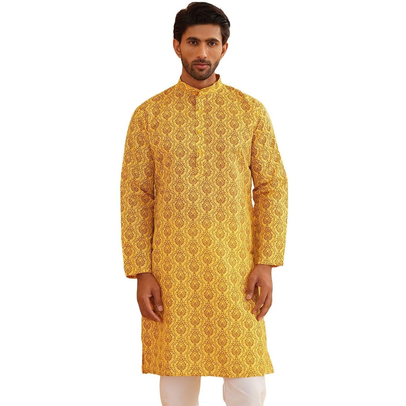 Sojanya (Since 1958 Men's Cotton Blend Mustard Printed Only Long Kurta Size36