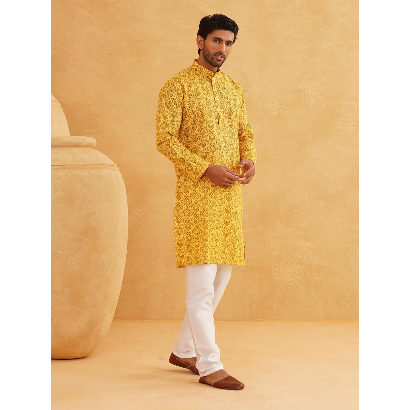 Sojanya (Since 1958 Men's Cotton Blend Mustard Printed Only Long Kurta Size36