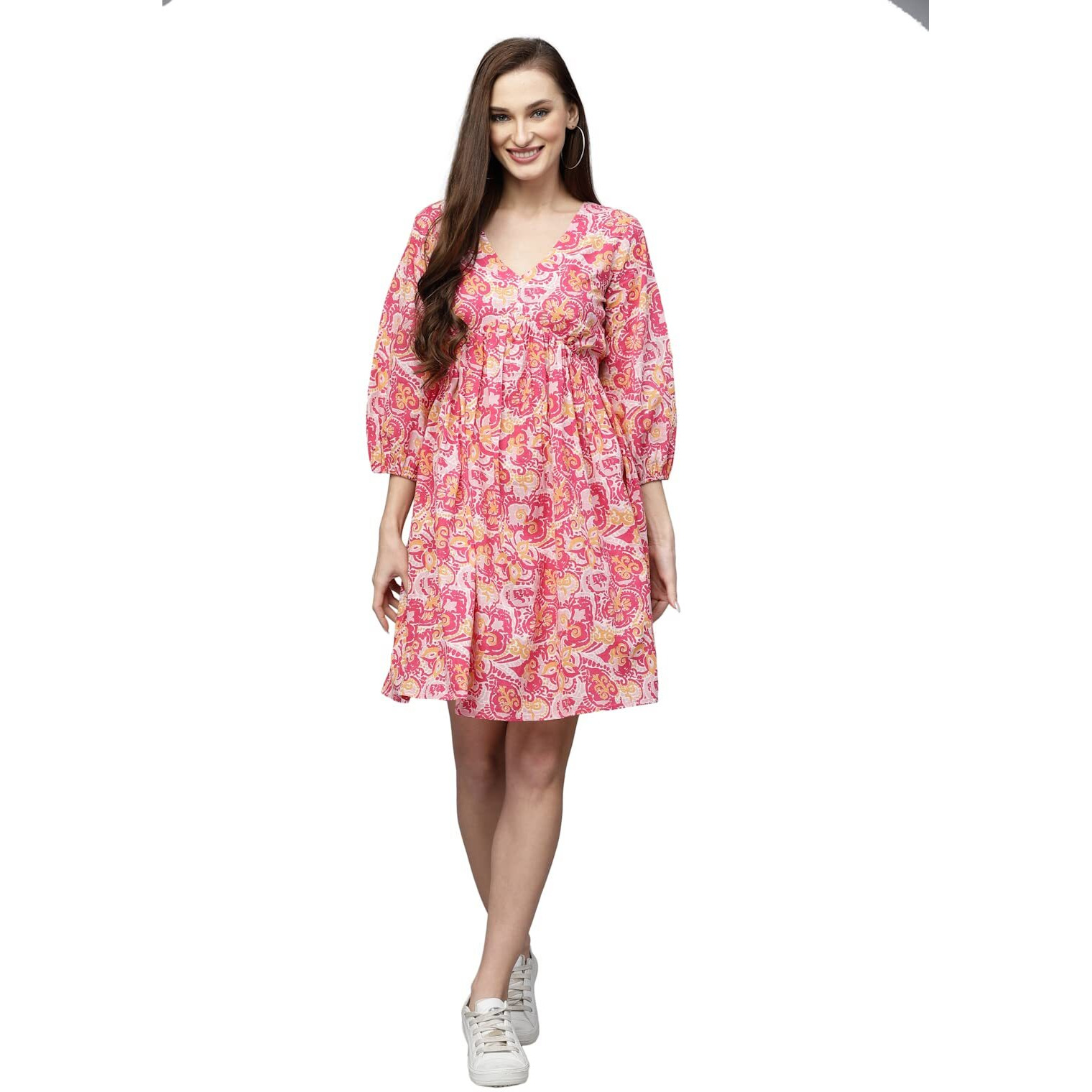 Stylum Women's Floral Printed Cotton Flared Dress (Drssoul34_Pink, Xs)